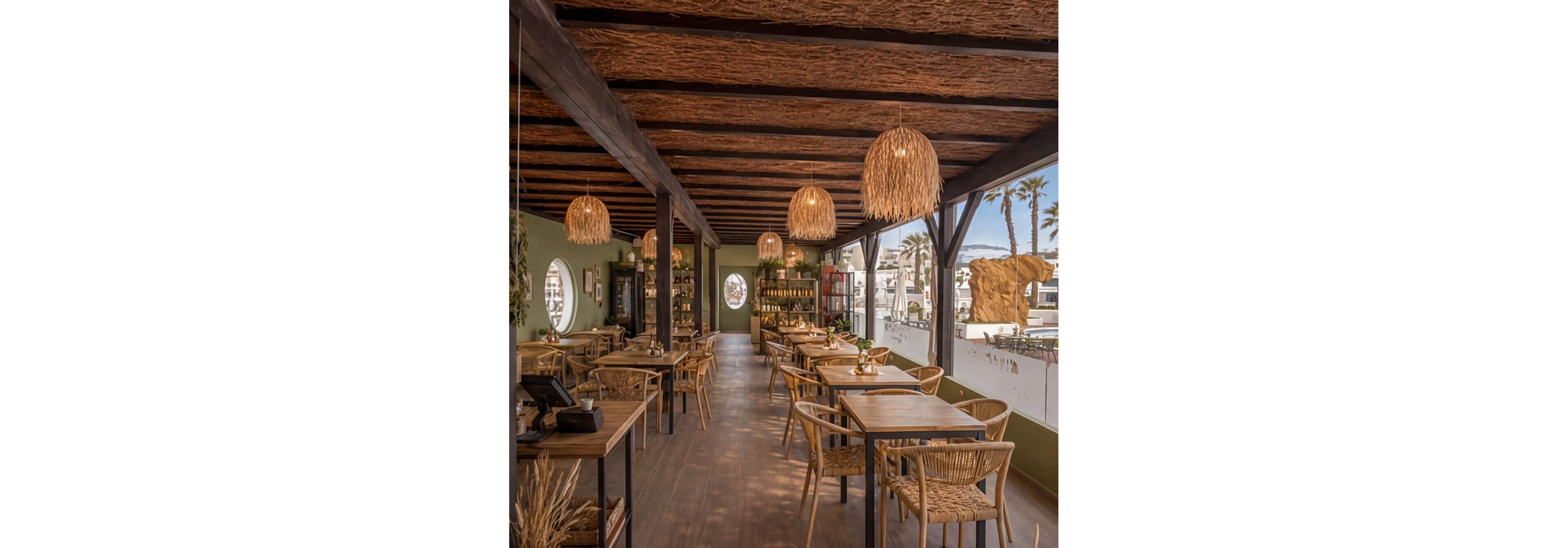 Warm, rustic restaurant interior featuring wooden tables and woven chairs arranged in neat rows. Natural light enters through round and rectangular windows, revealing a view of palm trees and a bright seaside promenade outside. Woven pendant lamps hang from a wooden ceiling, casting a soft, inviting glow over the space. The overall atmosphere is relaxed and coastal, ideal for casual dining by the beach.