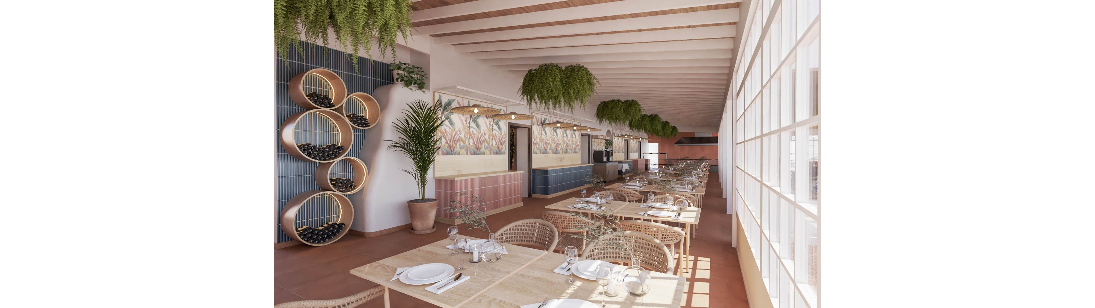 Spacious contemporary restaurant interior with neatly arranged dining tables and wicker chairs. Large windows on one side flood the room with natural light, illuminating set tables with plates, glasses, and cutlery. Hanging plants and a tall potted plant add lush greenery above warm terracotta flooring. Decorative wall art and circular wine racks create a stylish, relaxed atmosphere in the open dining space.