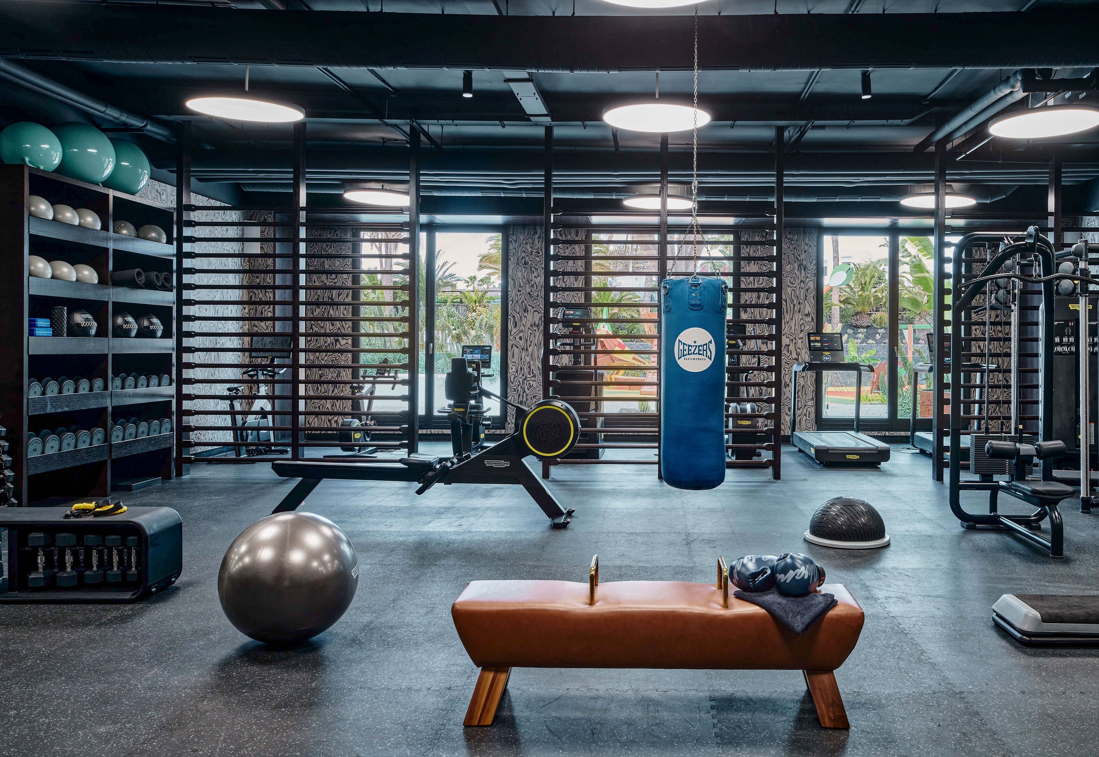 Contemporary fitness studio featuring a variety of workout equipment, including a rowing machine, punching bag, exercise balls, and strength machines. The space is open and well-lit, with large windows and organized shelving along the walls. A pommel horse and balance trainers sit in the foreground, suggesting functional and strength training activities. Overall, the gym appears clean, professional, and designed for versatile exercise routines.