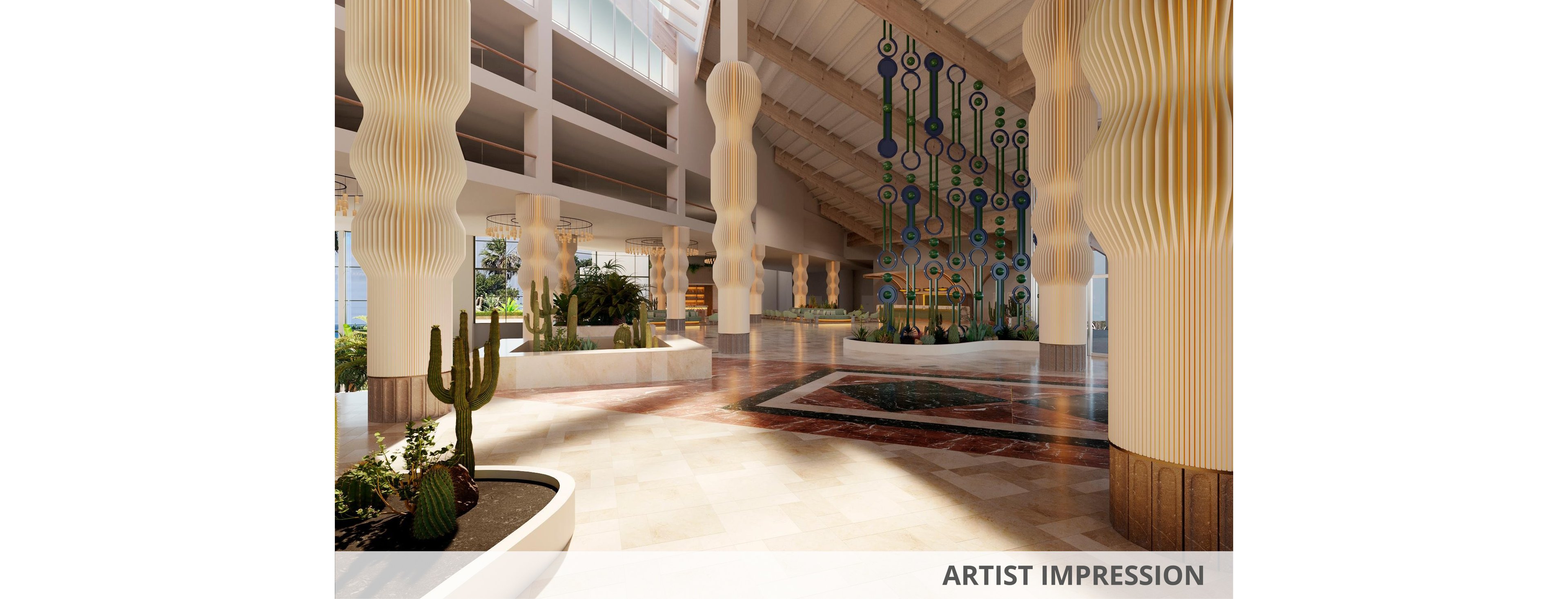 Spacious contemporary atrium lobby featuring tall sculptural columns and warm natural light. Indoor planters with cacti and greenery line the polished stone floor, adding a touch of nature to the interior. A colorful vertical wall installation with circular elements creates a striking focal point at the far end of the space. The image is labeled as an ARTIST IMPRESSION, indicating a conceptual architectural visualization.