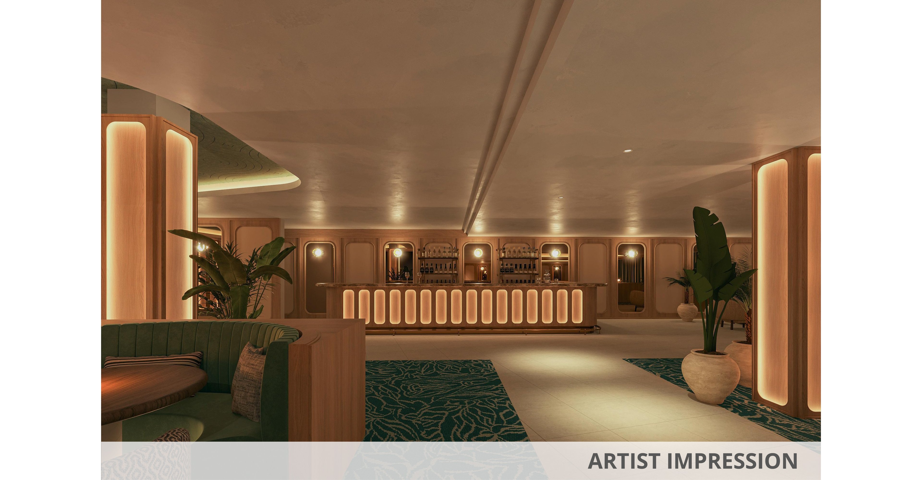 Digital rendering of a stylish lounge bar interior with a long illuminated counter as the central focus. The space features curved seating, potted plants, and soft indirect lighting that creates a warm, inviting atmosphere. Teal patterned carpet contrasts with beige and wood tones throughout the room. The text "ARTIST IMPRESSION" appears along the bottom edge, indicating this is a conceptual visualization.