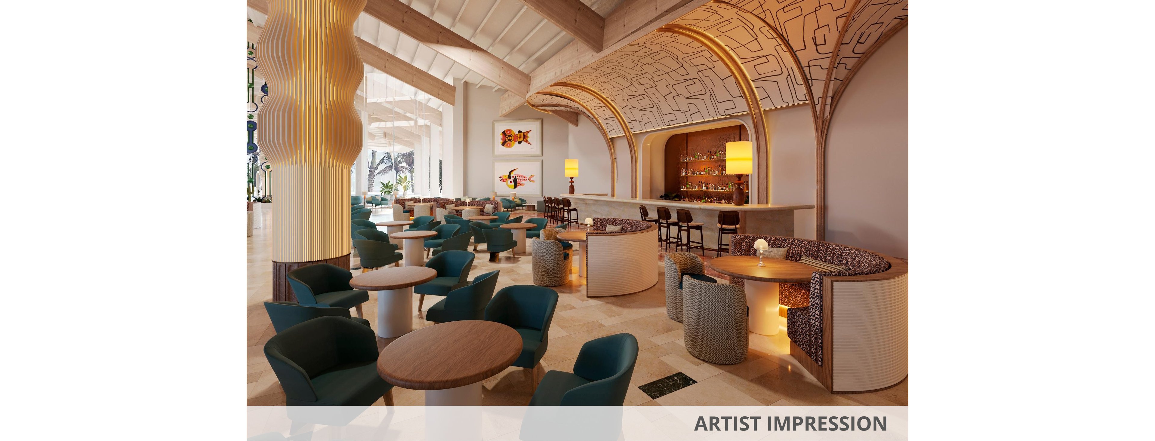 Rendered interior view of a contemporary hotel bar lounge with curved architectural ceilings and warm lighting. The space features multiple round wooden tables surrounded by teal and beige upholstered chairs on a light stone floor. A long bar counter with high stools and illuminated lamps anchors the right side of the room. Decorative wall art and sculptural columns add visual interest, creating an inviting and stylish atmosphere. The text "ARTIST IMPRESSION" appears along the bottom edge of the image.