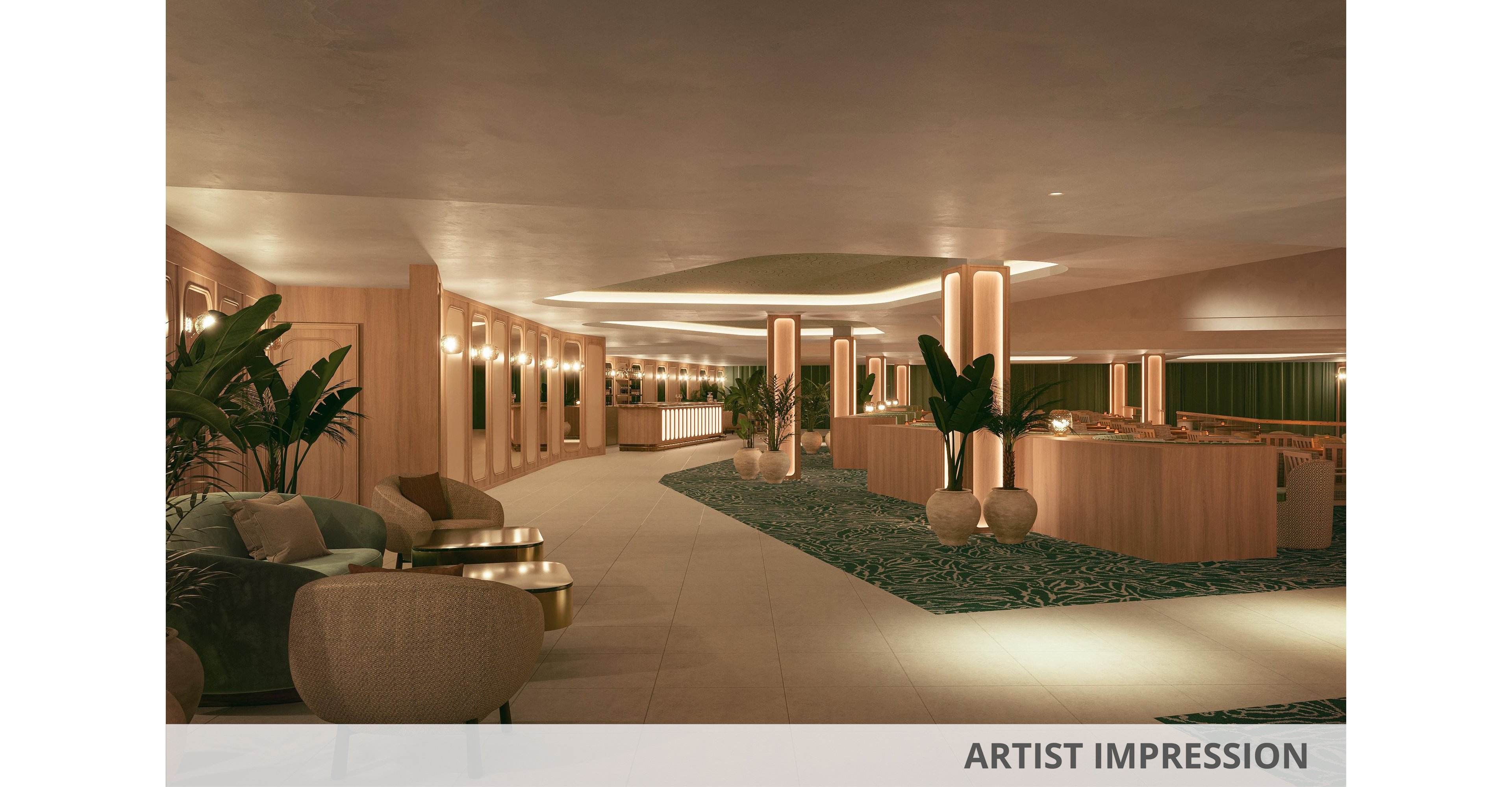 Artist impression of a spacious contemporary lounge interior with warm lighting and soft neutral tones. The space features curved seating areas, upholstered armchairs, and integrated planters with tall green plants. Wooden wall panels and illuminated columns create a refined, upscale atmosphere. A patterned carpet defines the central walkway, contrasting with the smooth flooring. The text "ARTIST IMPRESSION" appears along the bottom edge of the image.