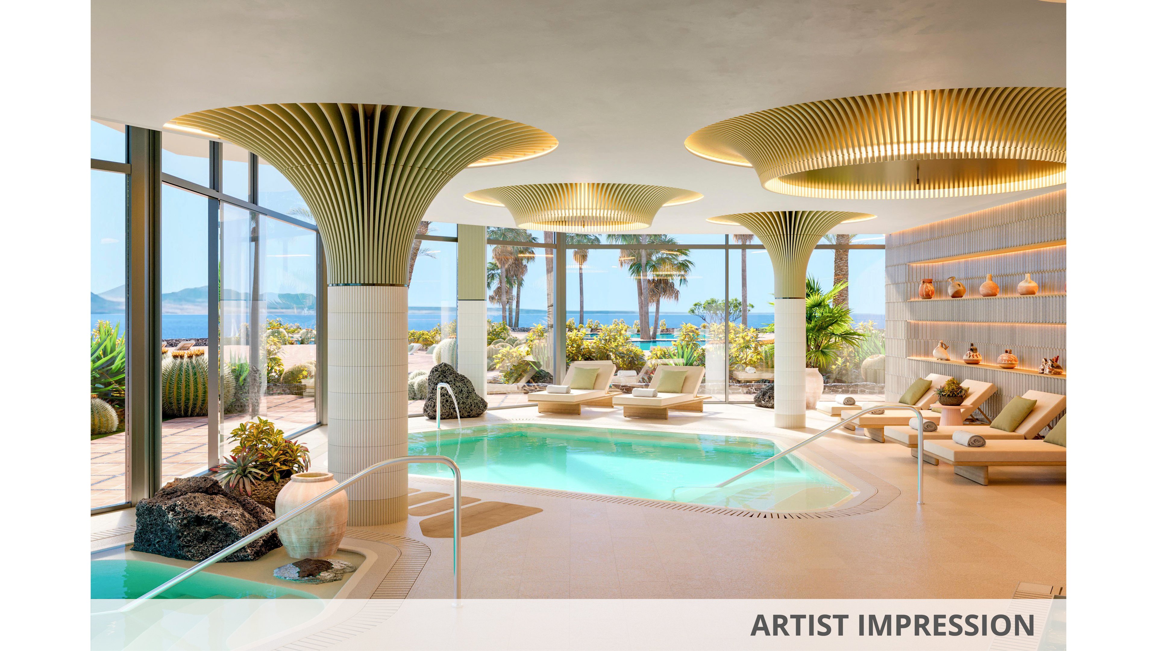 Bright, contemporary spa interior featuring a central turquoise pool surrounded by cushioned lounge chairs. Large sculptural columns and floor-to-ceiling windows frame views of palm trees and distant water. Neutral tones, soft lighting, and decorative vases create a calm, upscale atmosphere. Text reading "ARTIST IMPRESSION" appears along the bottom edge of the image.