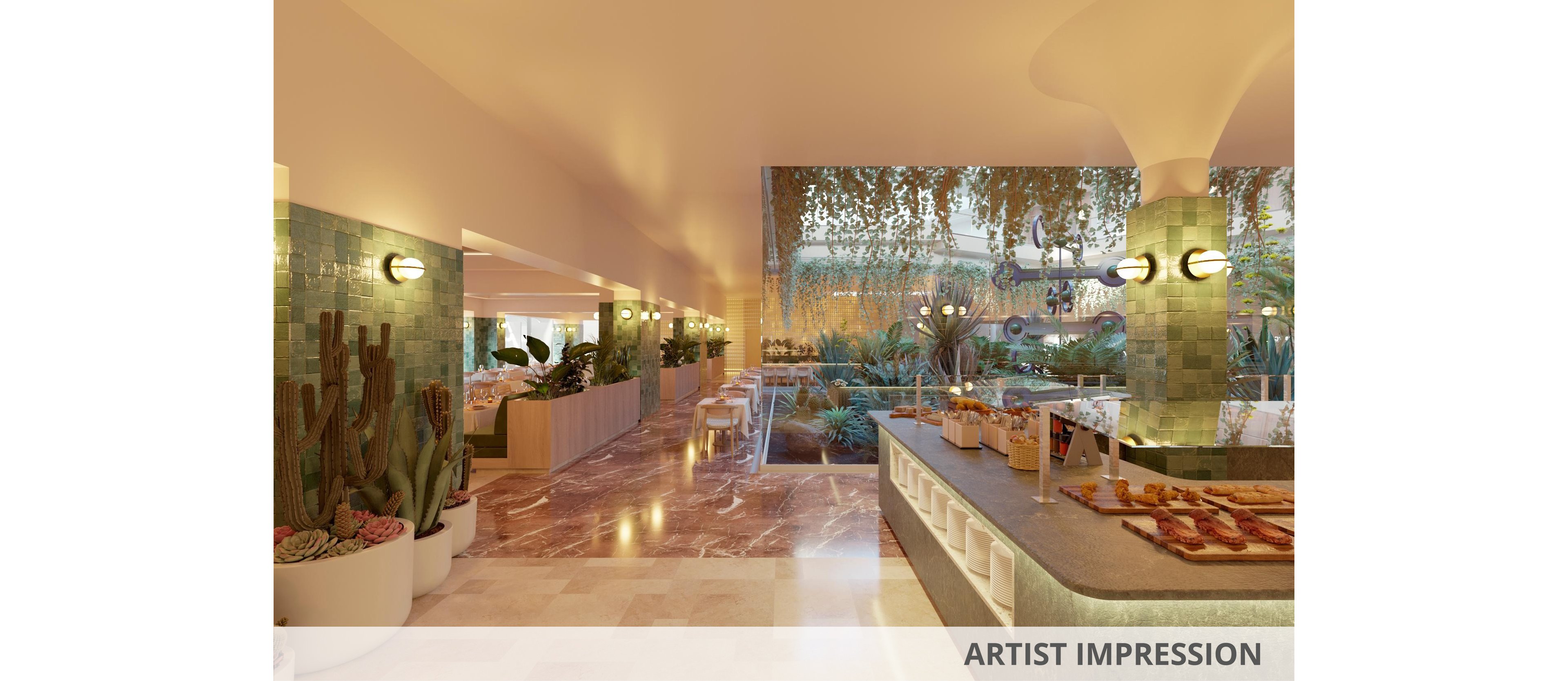 Artist impression of a contemporary restaurant featuring an open, spacious dining area. The setting includes long tables and chairs arranged beside large planters filled with cacti and tropical plants. Warm lighting, green tiled columns, and polished stone flooring create an inviting atmosphere. A counter with food displays is visible in the foreground, while hanging plants frame the outdoor view.