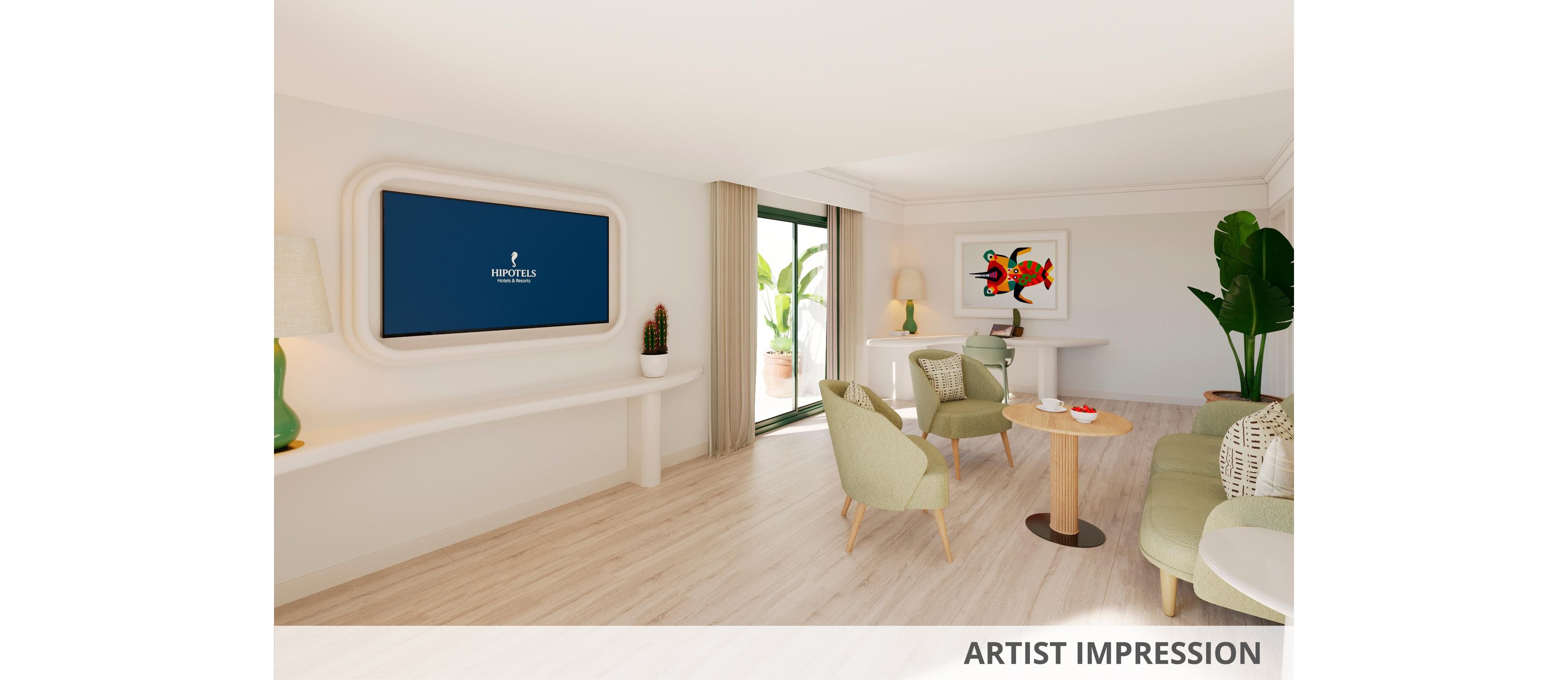 Artist impression of a contemporary hotel living area with light wood flooring and minimalist white walls. The room features a wall-mounted screen displaying the word "HOTEL" and a seating area with green upholstered chairs and a small round wooden table. Large sliding glass doors open to a balcony with plants, bringing natural light into the space. A colorful abstract artwork and indoor greenery add vibrant accents to the calm, neutral interior.