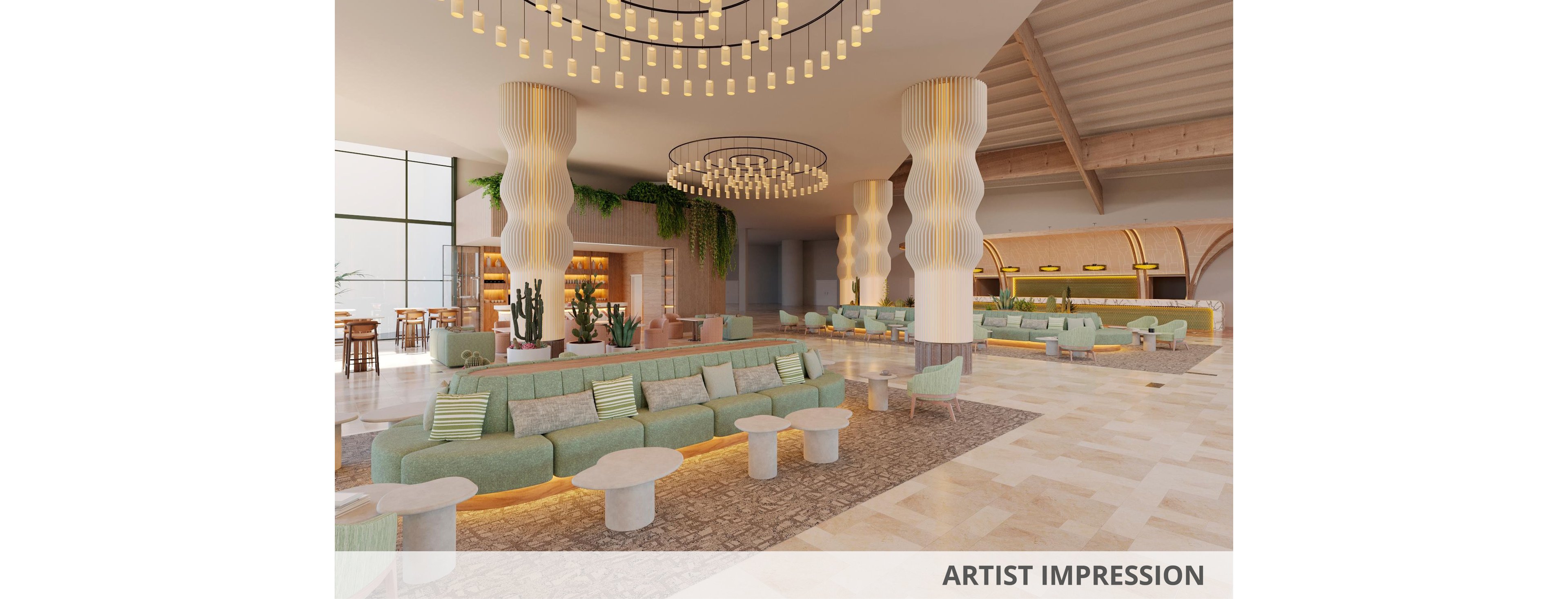 Rendered view of a spacious contemporary hotel lobby with pastel green sofas and low round tables arranged in social seating areas. The setting features sculptural wavy columns, large circular pendant lights, and warm indirect lighting that creates a welcoming atmosphere. Natural elements such as potted cacti and hanging greenery complement the light wood finishes and stone flooring. The words "ARTIST IMPRESSION" appear in the lower right corner, indicating a conceptual visualization of the space.