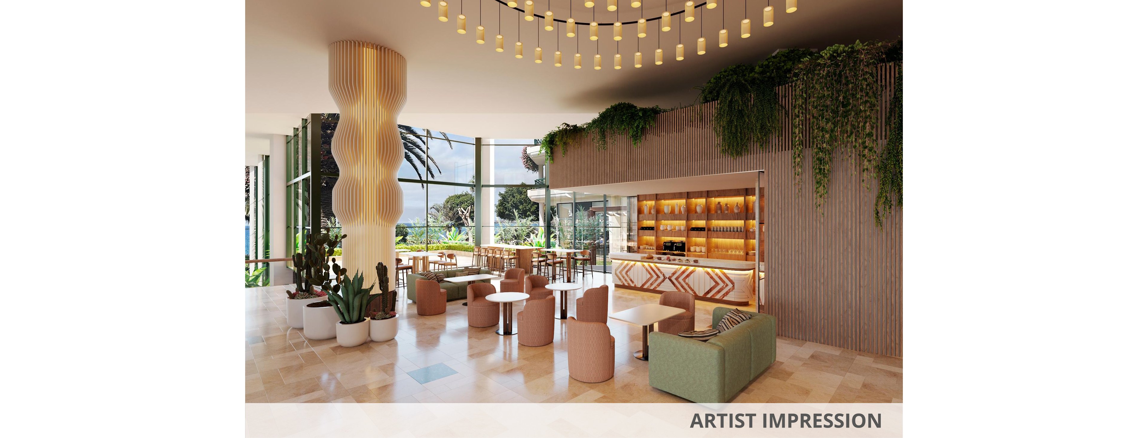 Contemporary lounge bar interior with stylish seating and a central bar counter is shown in this artist impression. Large floor-to-ceiling windows reveal greenery and an outdoor view, while indoor plants and hanging vines add a natural touch. Warm lighting, patterned wood finishes, and neutral-toned furniture create a relaxed, upscale atmosphere. The text "ARTIST IMPRESSION" appears along the bottom edge of the image.