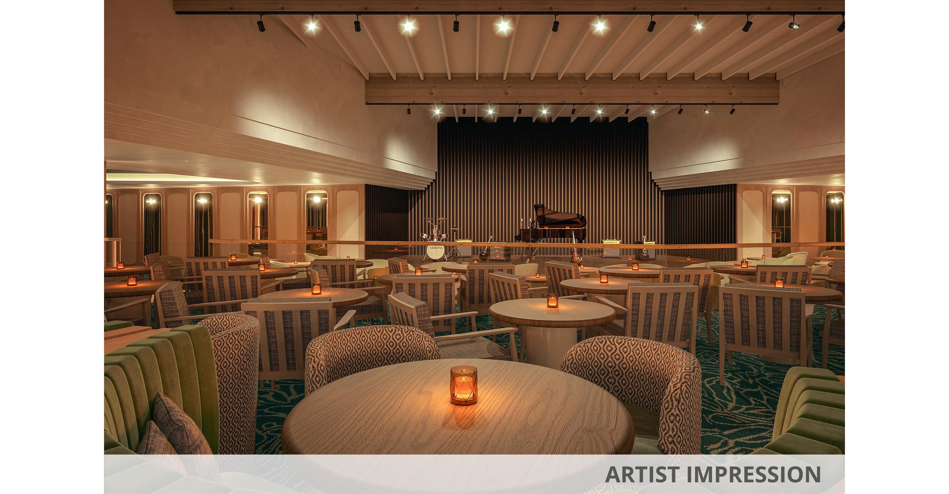 Artist impression of an elegant lounge with round tables and upholstered chairs facing a stage. A grand piano sits on the stage against vertical striped wall panels. Small candle lights on each table create a warm, intimate atmosphere in the spacious room. The floor features a patterned carpet and the ceiling has recessed lighting, enhancing the cozy evening setting. The words "ARTIST IMPRESSION" appear along the bottom edge of the image.