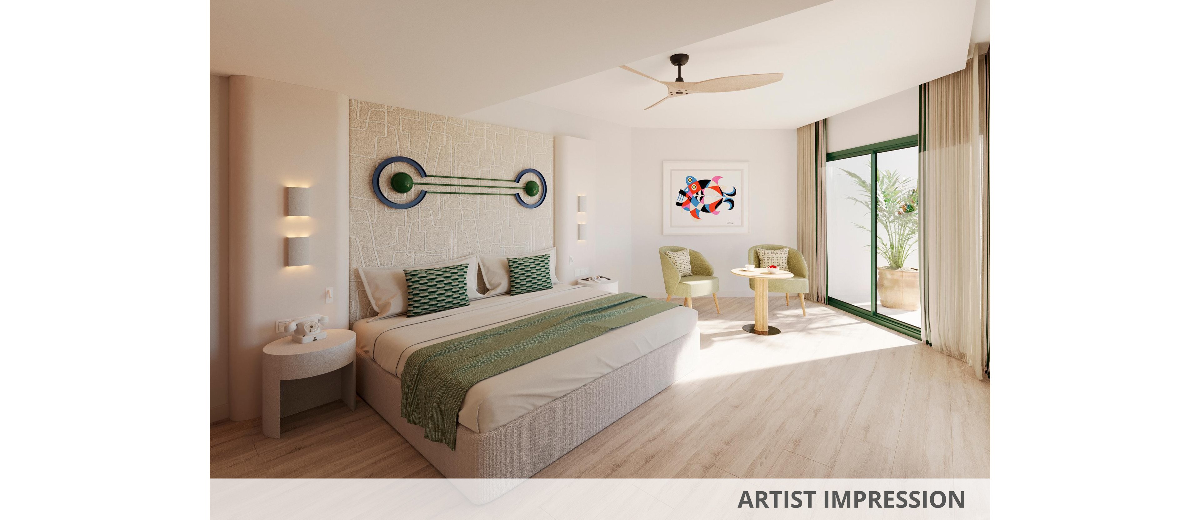 Spacious contemporary bedroom with a large bed and green accents is shown in an artist impression rendering. The room features light wood flooring, a decorative headboard, and patterned pillows. A seating area with two green chairs and a round table sits near large glass doors opening to an outdoor terrace. Sunlight fills the minimalist interior, highlighting the clean, airy design.