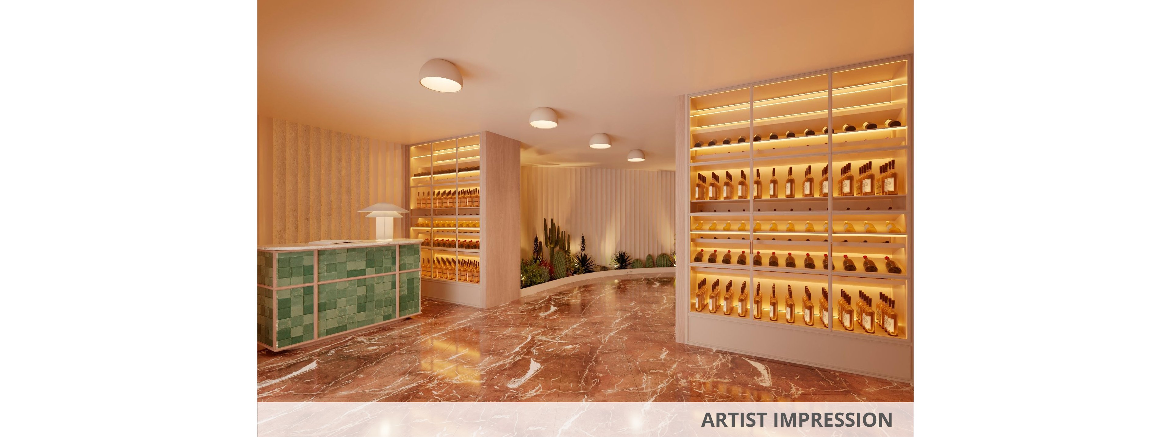 Artist impression of a modern retail interior with illuminated shelving displaying numerous bottles. A green-tiled counter stands to the left, while curved walls and indoor plants create a welcoming atmosphere. The space features warm lighting, beige walls, and glossy marble flooring. Text reading "ARTIST IMPRESSION" appears along the bottom edge of the image.