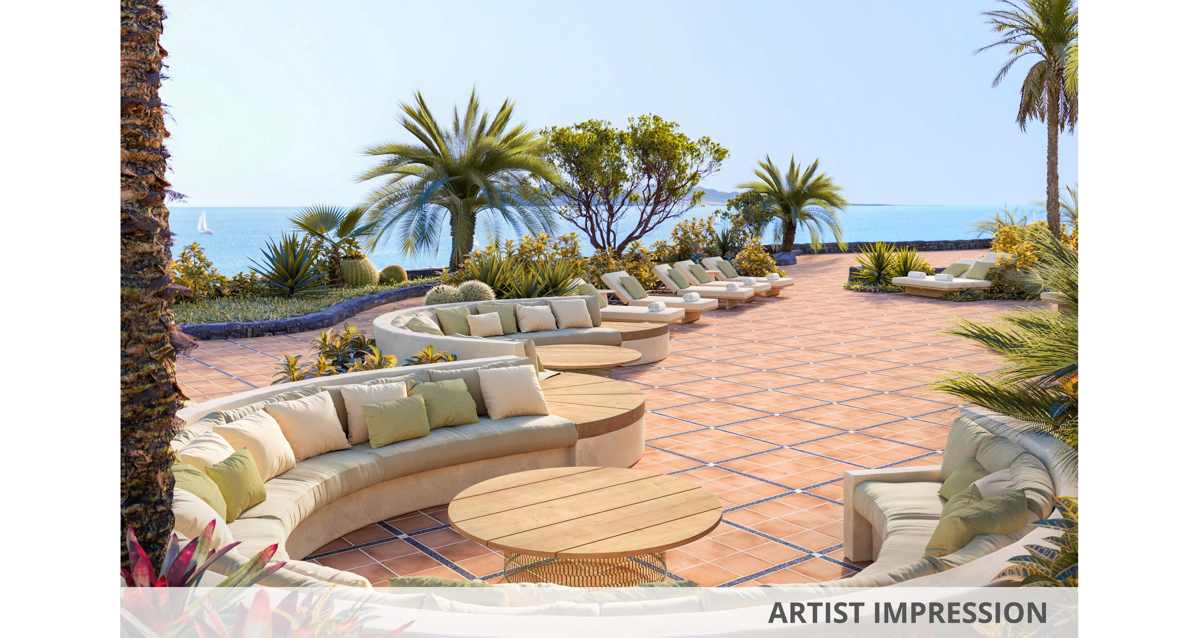 Artist impression of a spacious seaside terrace featuring curved outdoor sofas and low round tables. The scene overlooks a calm ocean with a sailboat in the distance, framed by palm trees and lush landscaping. Warm terracotta tiles cover the ground, complemented by neutral cushions and soft pastel accents. The overall atmosphere is relaxed and inviting, suggesting a resort or luxury residential setting.