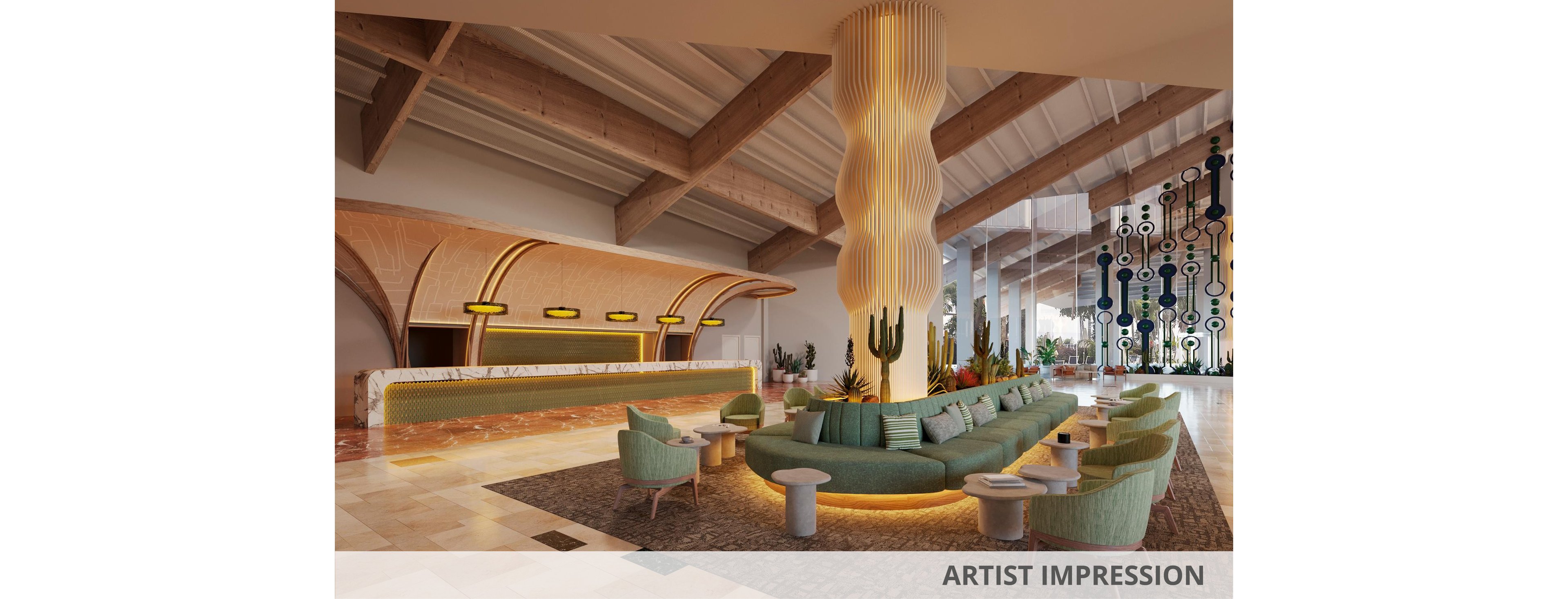 Digital illustration of a contemporary hotel lobby interior with a curved wooden reception desk on the left. A central sculptural column surrounded by green upholstered seating and small round tables creates a welcoming lounge area. Warm ambient lighting highlights natural wood textures, indoor plants, and cacti, while decorative hanging elements add visual interest in the background. The words "ARTIST IMPRESSION" appear along the bottom edge, indicating a conceptual visualization.