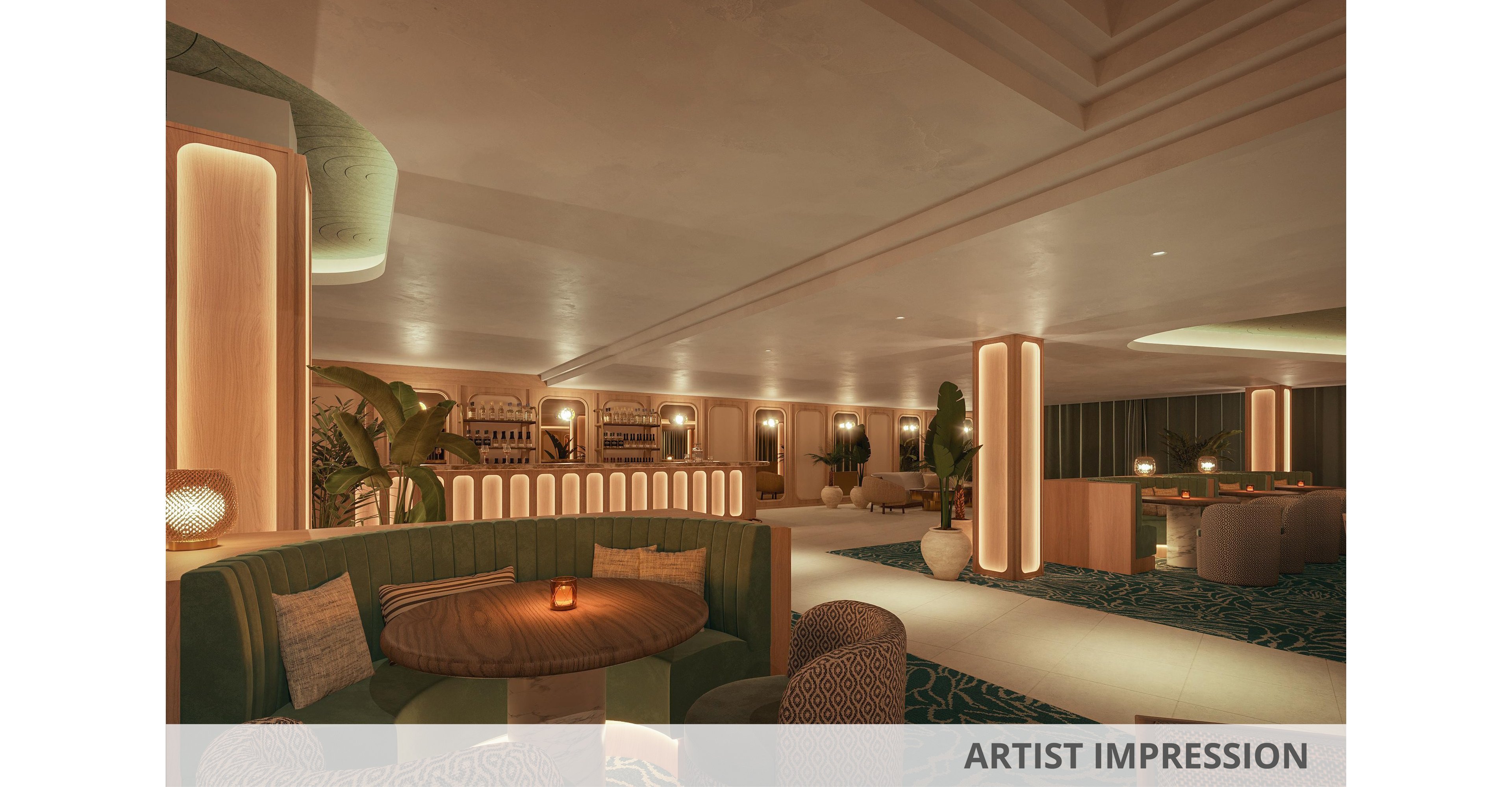 Artist impression of a stylish lounge bar with curved seating and soft, indirect lighting. A round table with a single candle sits in the foreground, surrounded by upholstered benches and cushions. The background features a long bar, illuminated columns, indoor plants, and additional seating areas. Overall, the space feels modern, cozy, and inviting with a warm neutral palette.