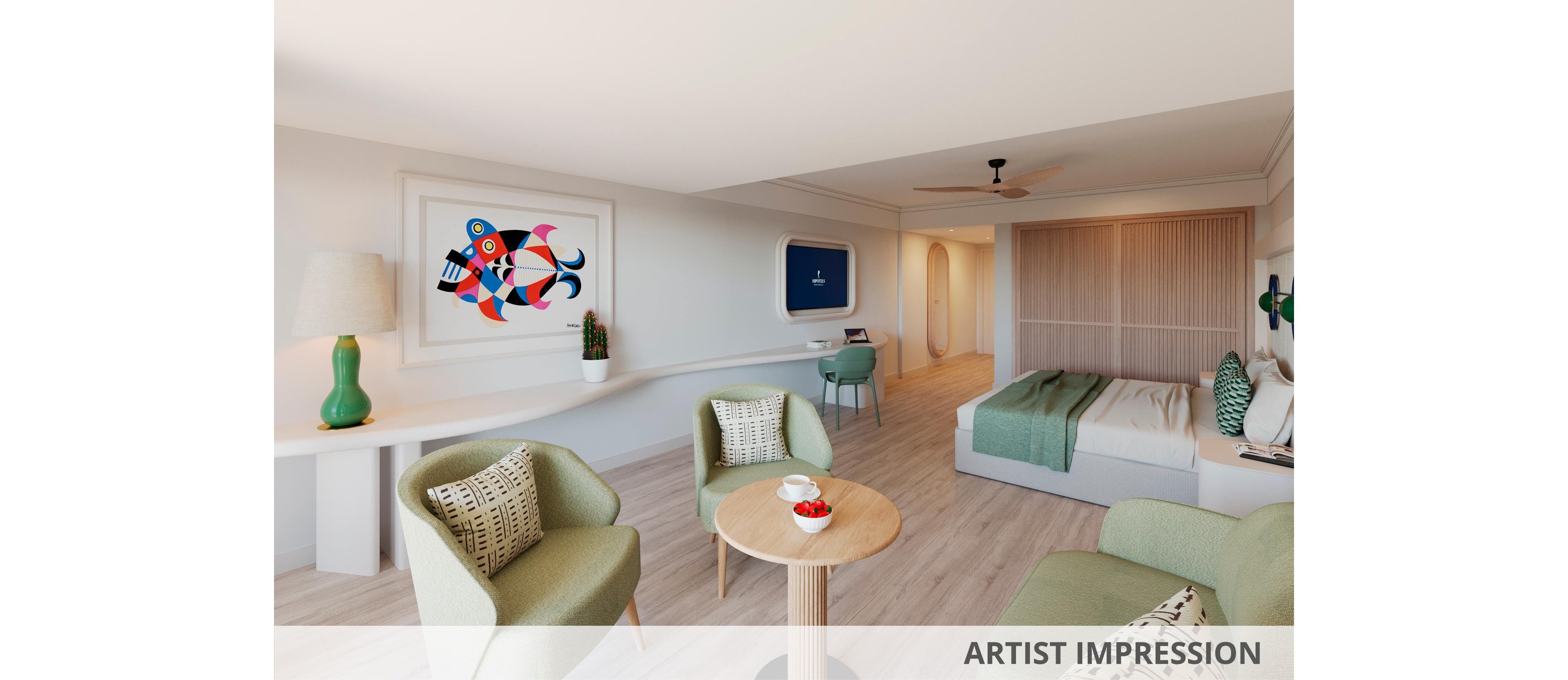Spacious contemporary hotel room with a bed, seating area, and desk in a light-filled interior. The setting features pale wood flooring, soft neutral walls, and green upholstered chairs around a small round table. Colorful abstract artwork and coordinated cushions add visual interest, while a ceiling fan and built-in lighting enhance comfort. Text reading "ARTIST IMPRESSION" appears along the bottom edge of the image.