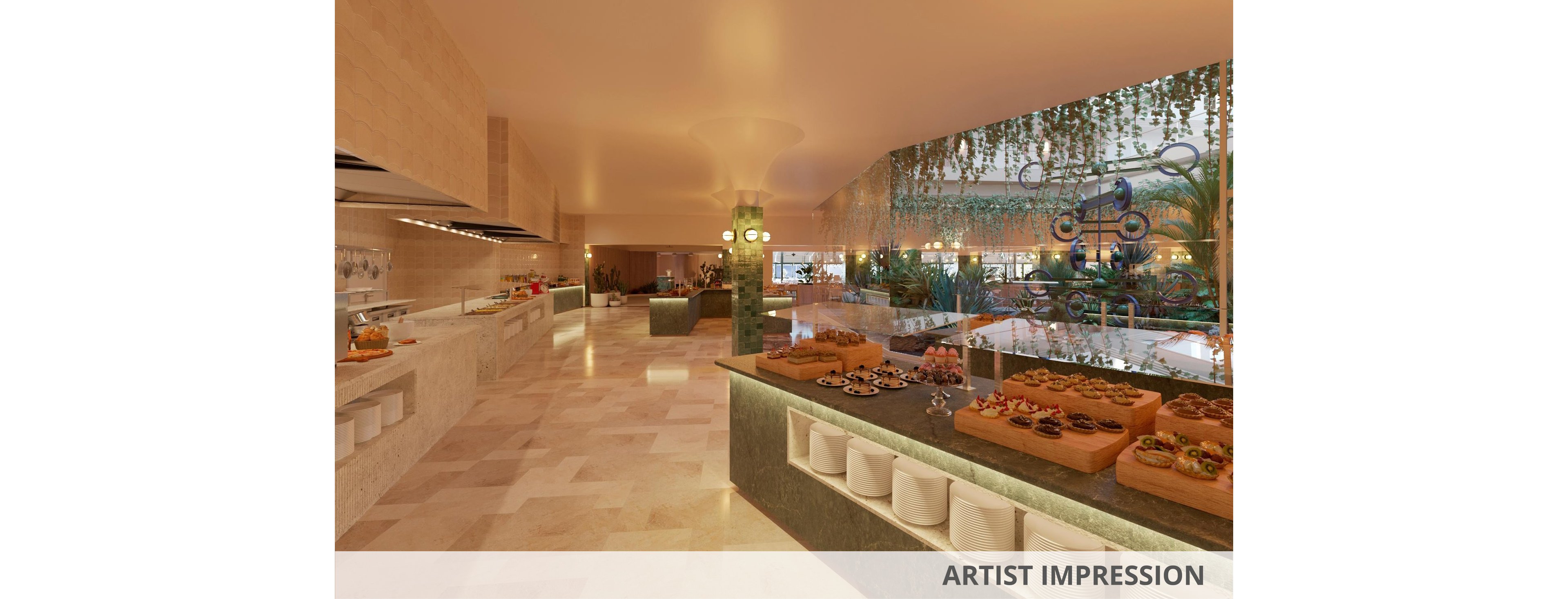 Artist impression of a spacious, contemporary buffet-style restaurant interior. Long counters display a variety of desserts and dishes on wooden trays and plates. Warm lighting, stone flooring, and green accents create an inviting atmosphere. Large windows and hanging plants add a natural touch to the dining space. The text 'ARTIST IMPRESSION' appears along the bottom edge of the image.