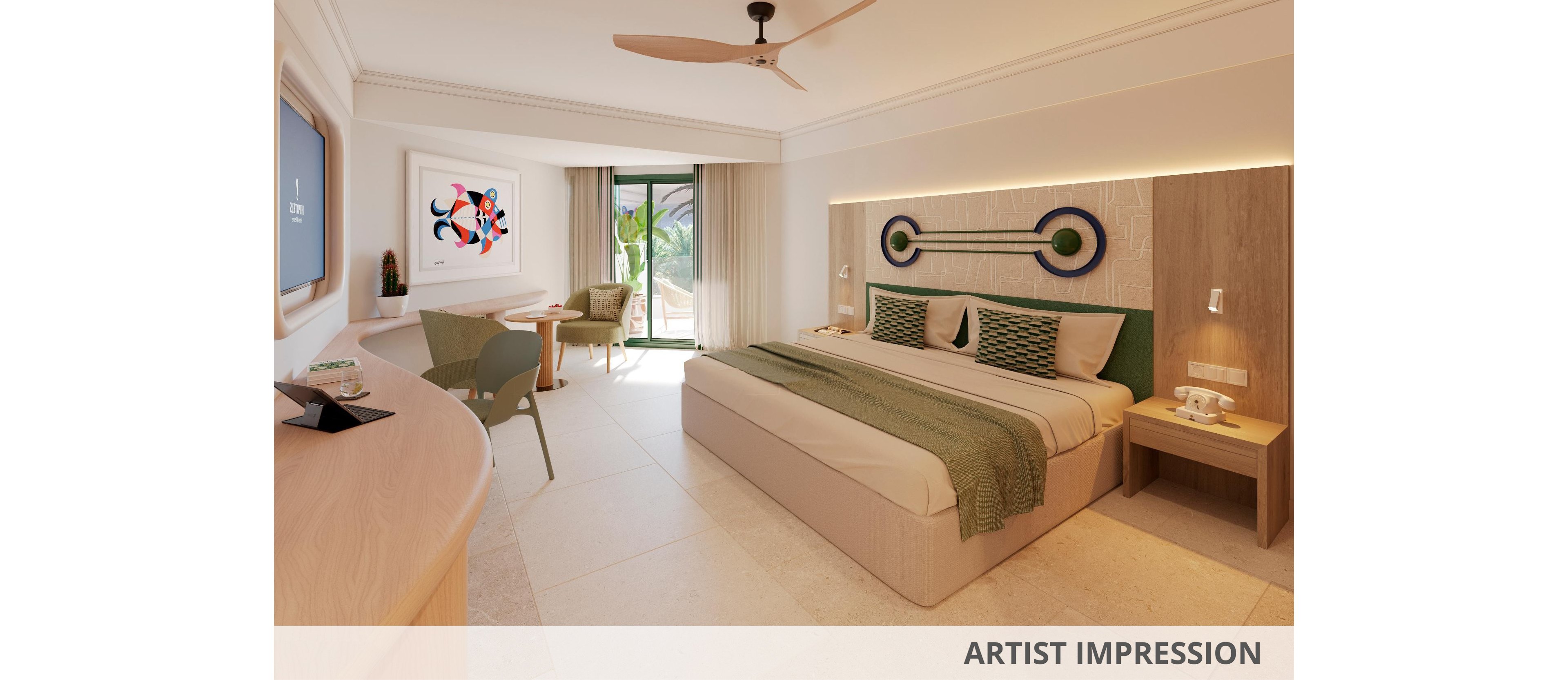 Artist impression of a contemporary hotel room featuring a large double bed with green accents and patterned pillows. The space includes a wooden desk with chair, side tables, and minimalist wall art, all in a neutral, light-toned palette. Floor-to-ceiling glass doors open to a balcony with greenery visible outside, enhancing the airy, vacation atmosphere. The overall design feels clean, relaxing, and modern, suitable for a resort or holiday stay.