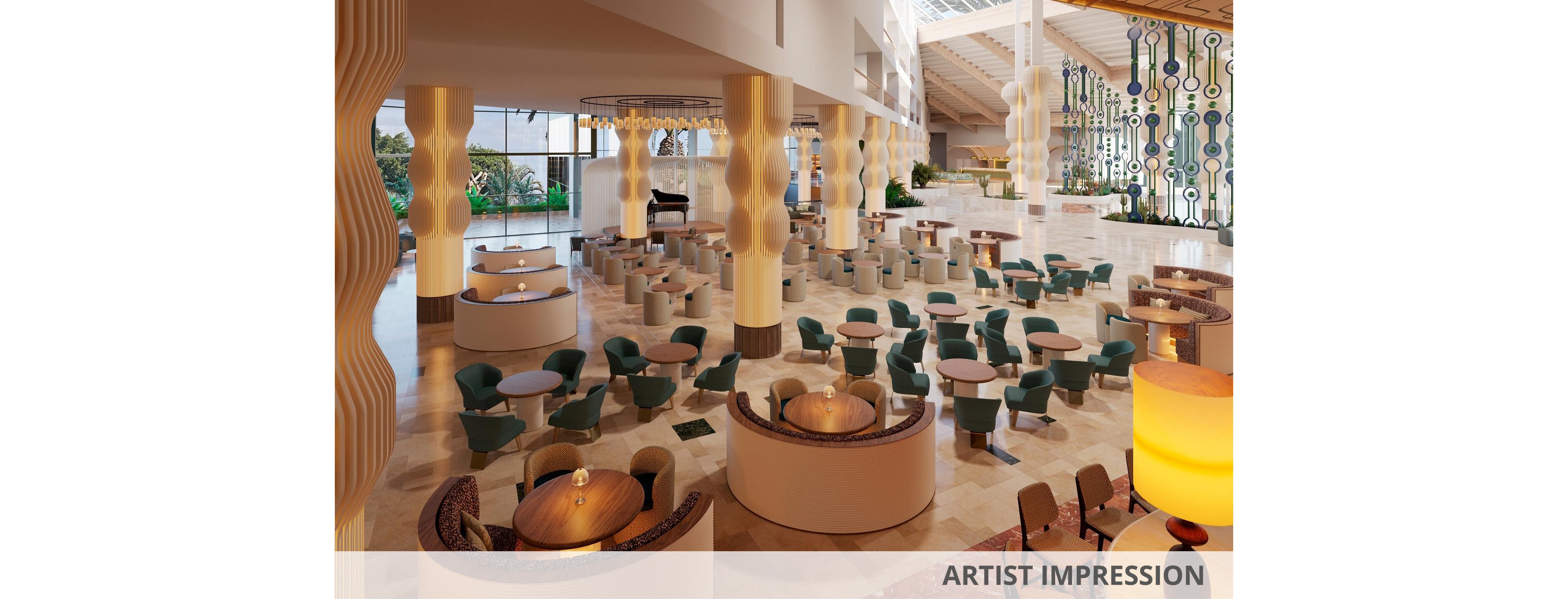 Rendered interior view of a spacious hotel lobby lounge with multiple seating areas and round tables. The space features sculptural columns, patterned wall panels, and large windows opening to greenery outside. Warm lighting, neutral flooring, and teal chairs create a contemporary, welcoming atmosphere. The text "ARTIST IMPRESSION" appears along the bottom edge of the image.