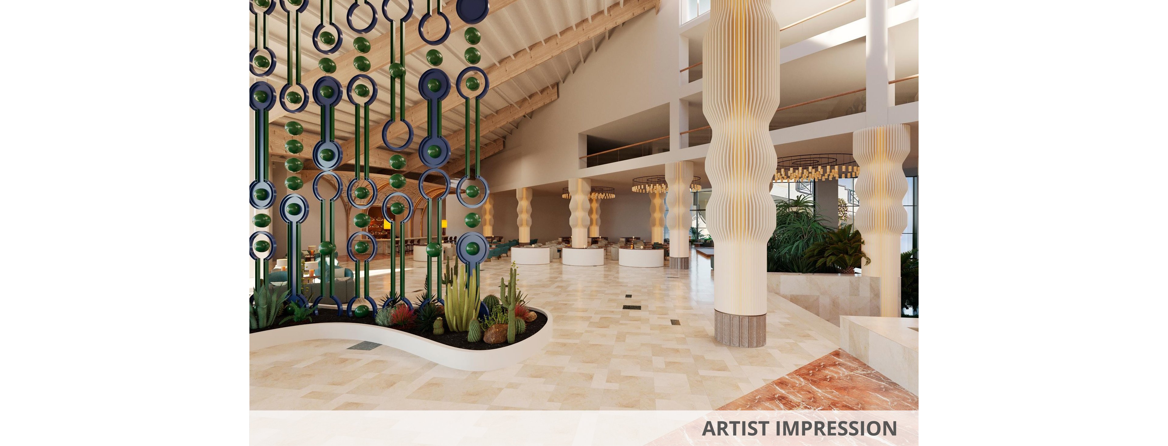 Architectural visualization of a spacious modern hotel lobby with sculptural columns and decorative hanging circular elements. The interior features light tiled flooring, warm neutral tones, and integrated planters with green plants. Large open mezzanine levels and seating areas suggest a welcoming reception space. The text "ARTIST IMPRESSION" appears along the bottom edge, indicating a conceptual design visualization.