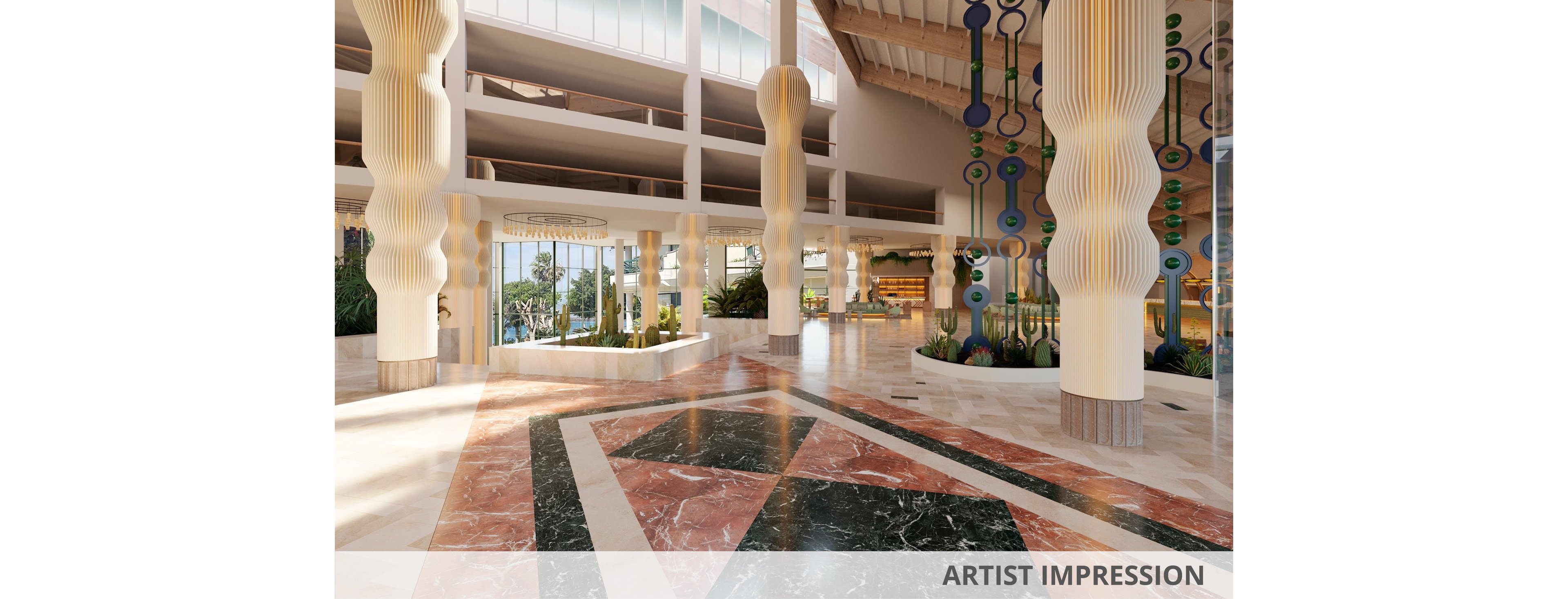 Architectural rendering of a large, contemporary hotel lobby with sculptural columns and high ceilings. The space features polished marble flooring in geometric patterns of red, green, and beige tones. Floor-to-ceiling windows and glass doors open to an outdoor area with greenery and natural light. Decorative lighting fixtures and indoor planters add a sophisticated, resort-style atmosphere. The text "ARTIST IMPRESSION" appears along the bottom edge of the image.