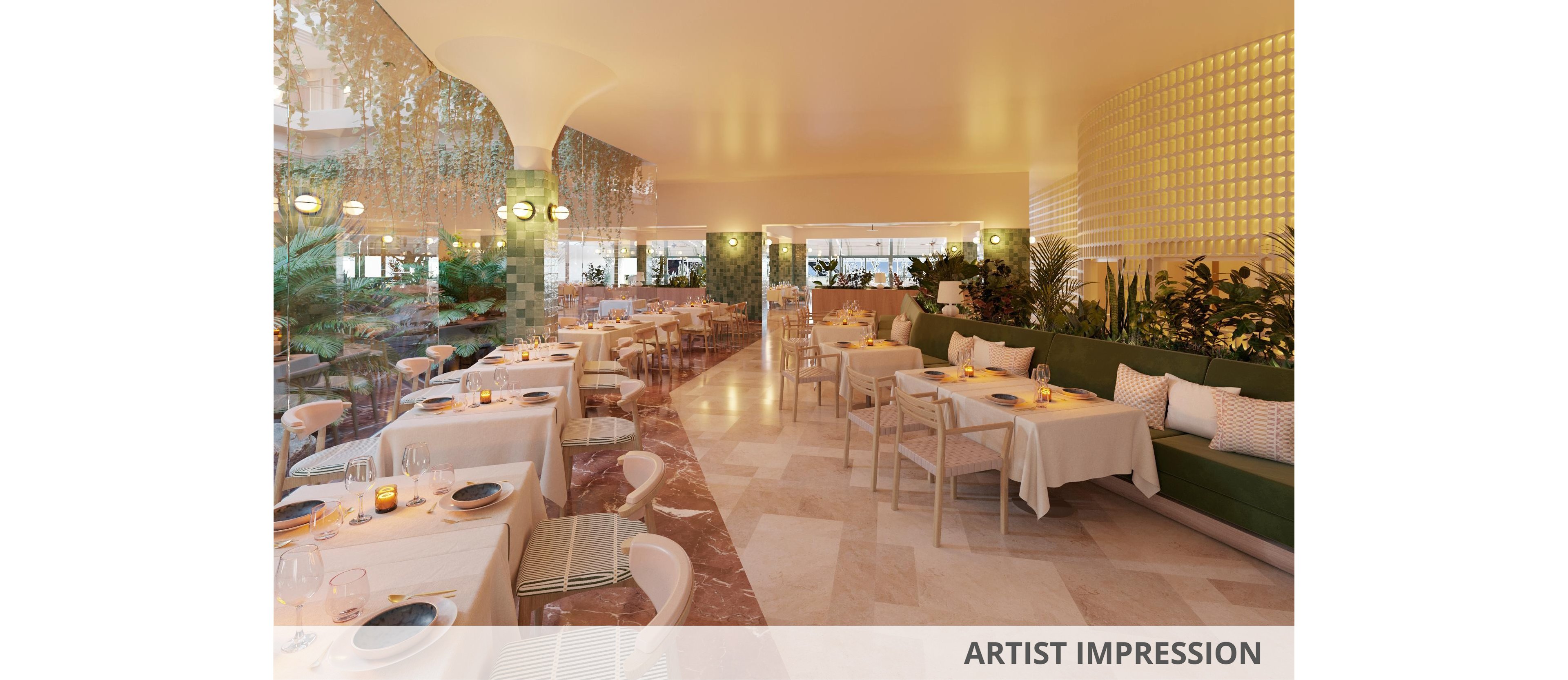 Artist impression of a contemporary restaurant interior with neatly arranged tables and chairs. The space features warm lighting, green accent walls, and lush indoor plants creating a relaxed dining atmosphere. White tablecloths, simple table settings, and cushioned bench seating line the room. The overall design emphasizes elegance, comfort, and a welcoming ambiance.