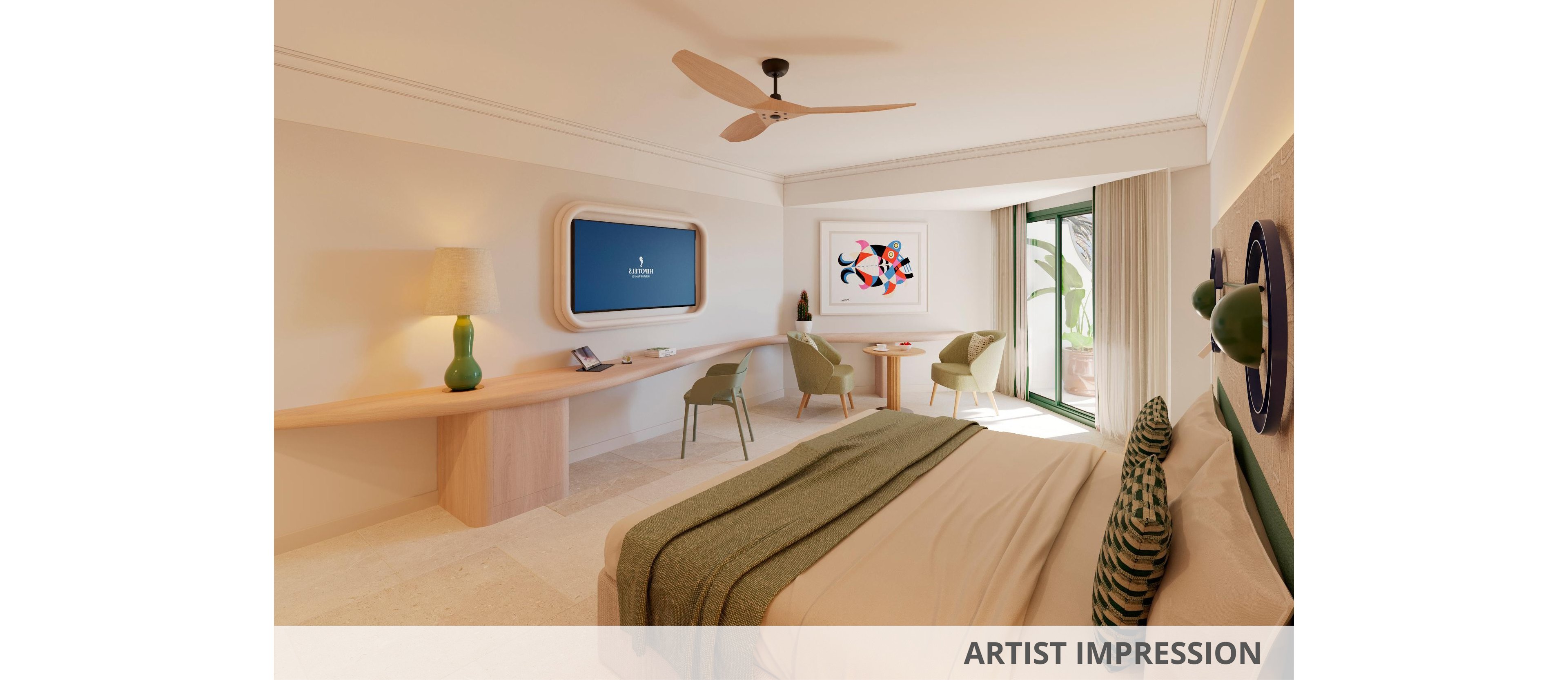 Artist impression of a contemporary hotel room featuring a large bed with green textiles and patterned cushions. A long wooden desk with decorative vases and chairs lines one wall, opposite a framed abstract artwork. Floor-to-ceiling glass doors open to a balcony with outdoor seating and greenery visible outside. The space is bright and minimalist, with neutral tones accented by green and warm wood finishes.