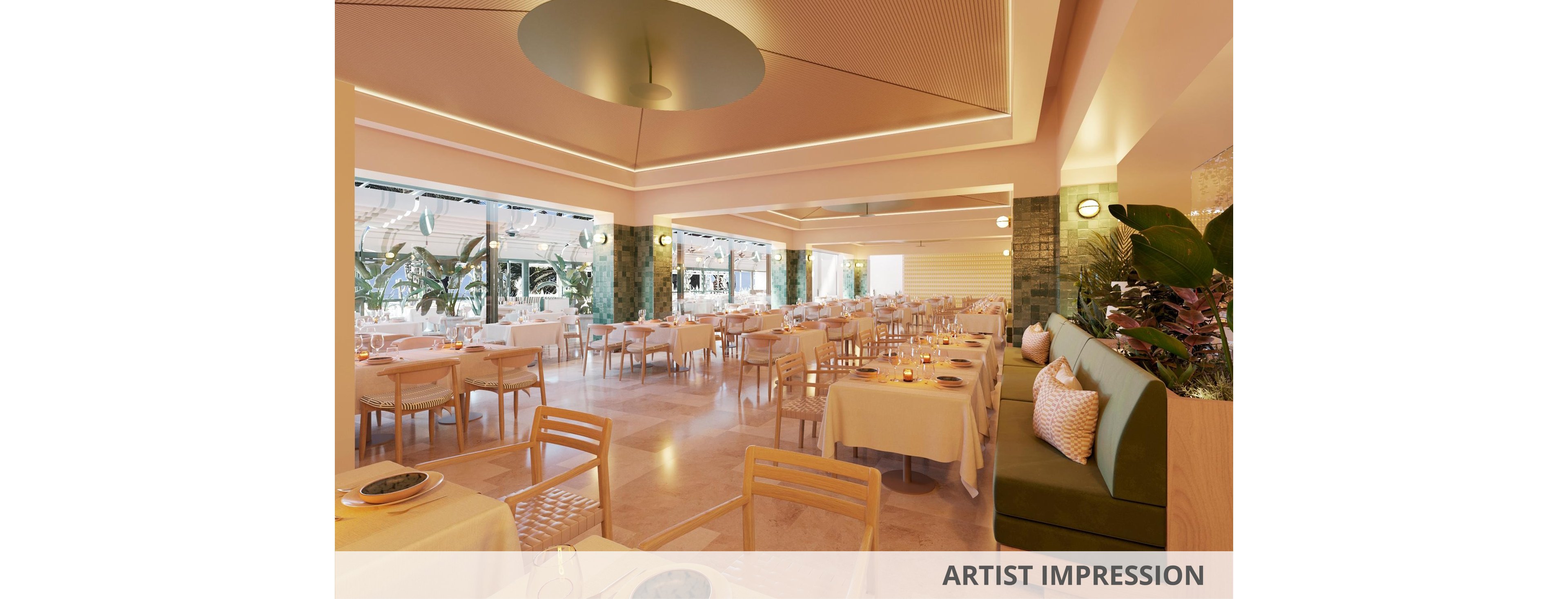 Spacious contemporary restaurant interior with neatly arranged dining tables and chairs. Large windows open to lush greenery, filling the space with natural light. Warm neutral tones, soft lighting, and minimalist decor create an inviting atmosphere. A cushioned banquette with pillows lines one wall, while the text 'ARTIST IMPRESSION' appears along the bottom edge.