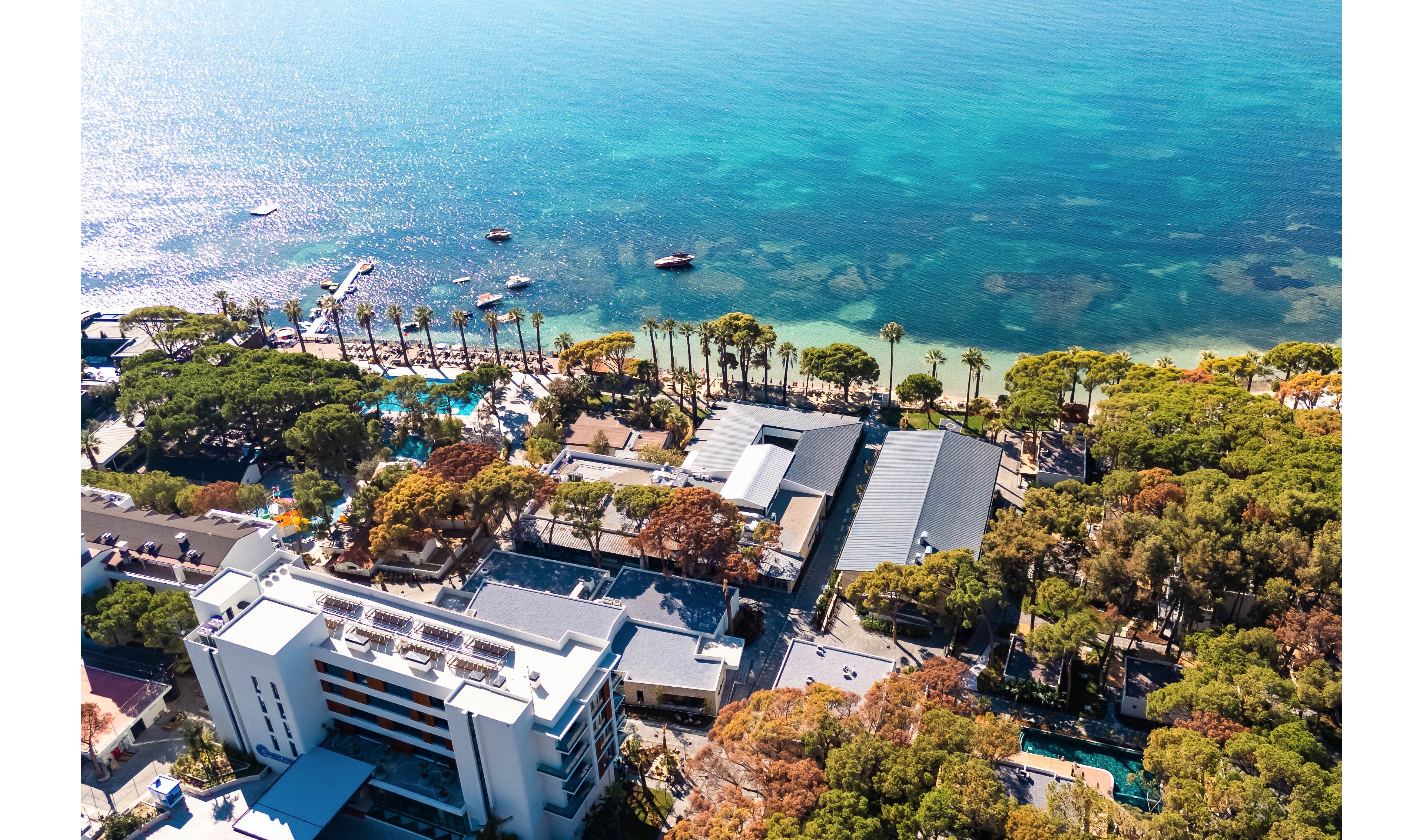 An aerial photograph showcasing a coastal resort surrounded by lush greenery and palm trees. The setting includes a vibrant pool area and buildings near the shoreline, with clear turquoise ocean waters in the background. Small boats are visible on the water, adding to the scenic atmosphere.