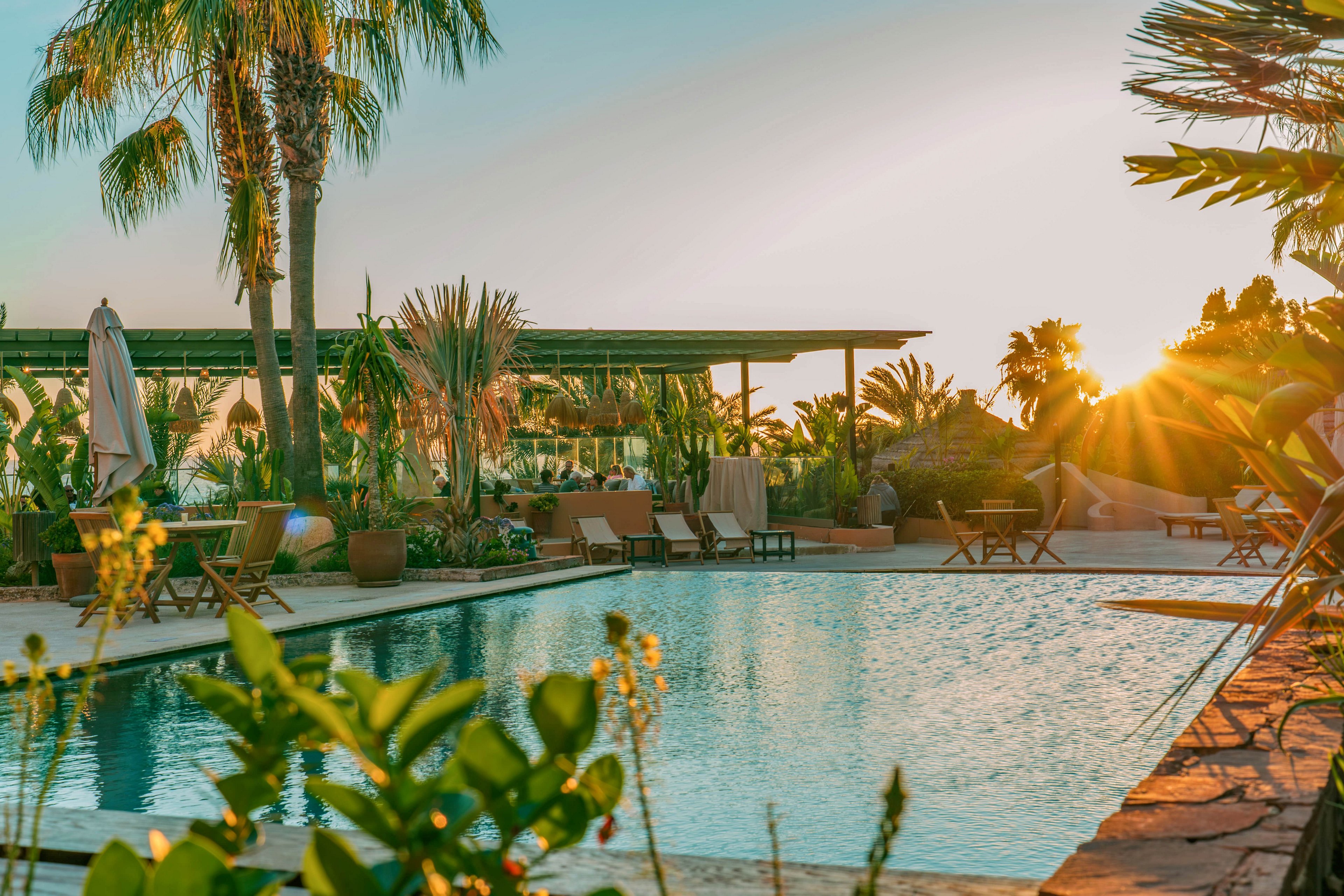 A tranquil swimming pool is surrounded by lush tropical plants and palm trees at a resort. Wooden lounge chairs and umbrellas line the poolside, suggesting a relaxing vacation setting. The warm light of the setting sun reflects on the calm water, creating a serene atmosphere. The scene feels peaceful and inviting, with soft golden tones and clear skies.