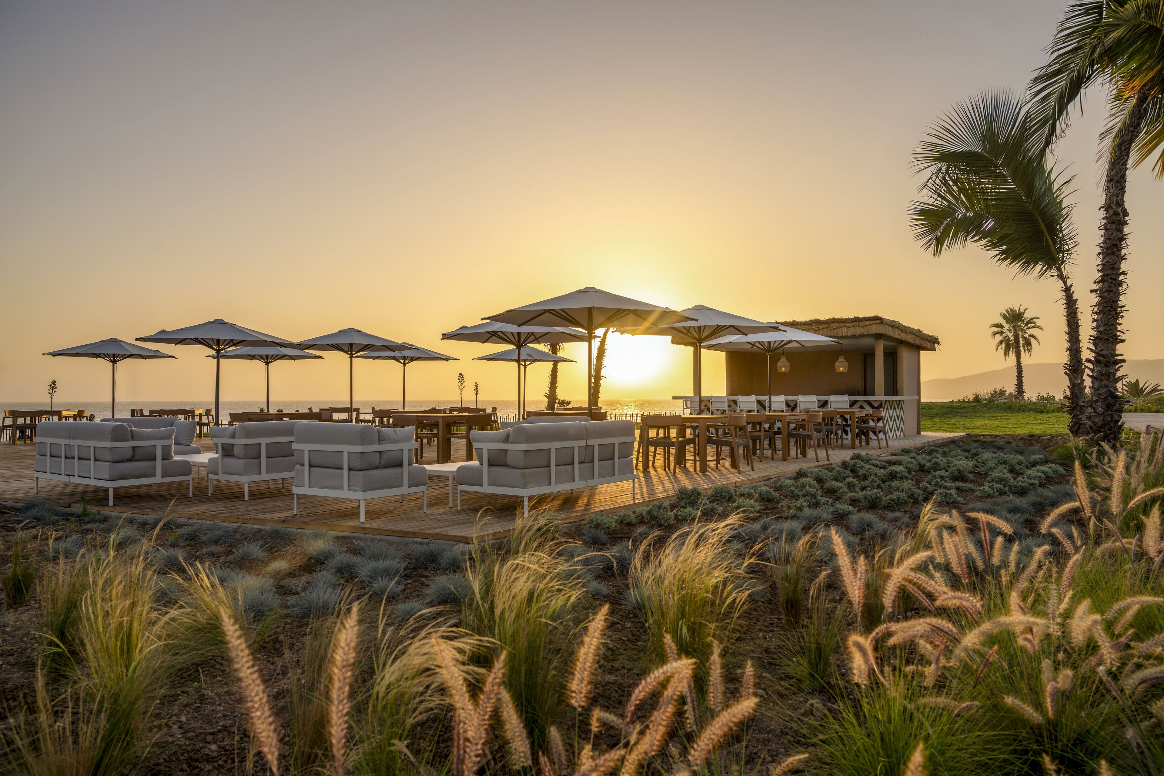 An open-air lounge terrace is set up with modern white sofas and tables under large umbrellas at sunset. A small bar structure stands to the side, framed by palm trees and coastal vegetation. The warm golden light highlights ornamental grasses in the foreground and a calm sea horizon in the distance. The scene evokes a relaxed, tropical resort atmosphere ideal for evening gatherings.