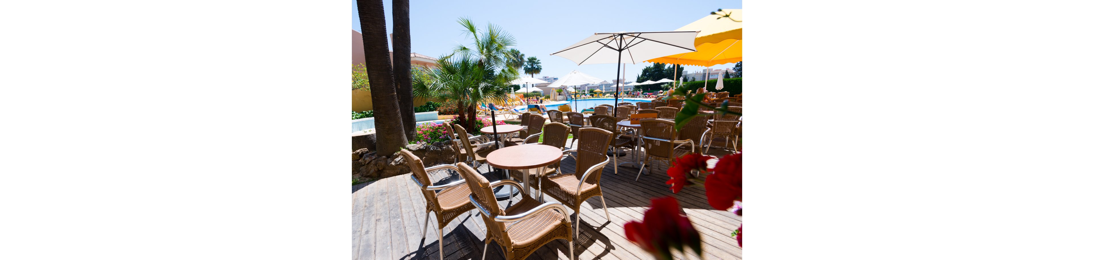 An outdoor terrace at a sunny resort features multiple wicker chairs and round tables on a wooden deck. In the background, a swimming pool area with sun loungers and large yellow umbrellas suggests a relaxing vacation setting. Palm trees, lush greenery, and colorful flowers add a tropical atmosphere to the scene. Bright daylight and clear blue sky enhance the warm, inviting mood of the space.