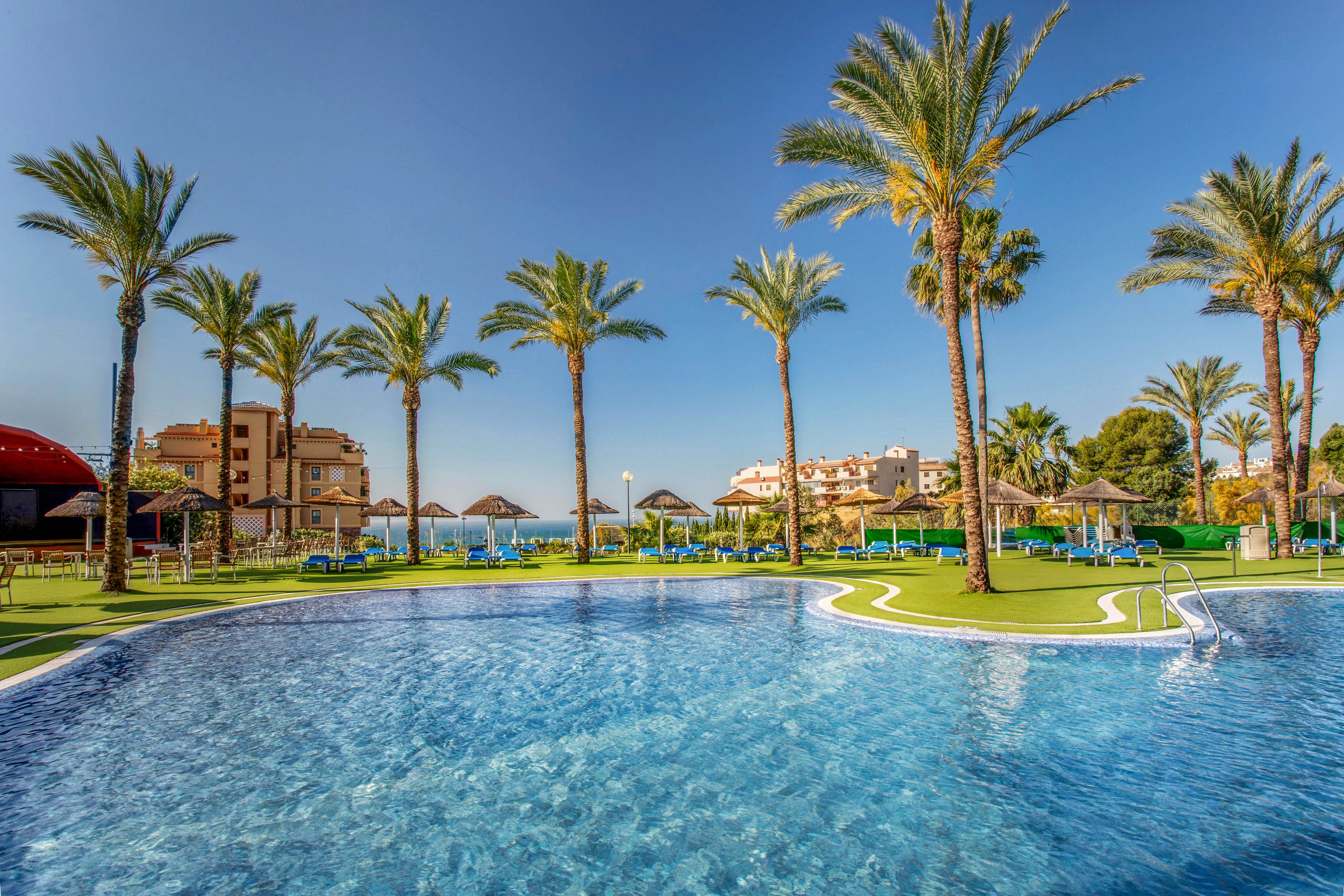 Large outdoor swimming pool at a coastal resort under a clear blue sky. Tall palm trees line the poolside, with sun loungers and straw parasols arranged around the water. Low-rise hotel buildings and landscaped lawns frame the scene, leading the eye toward the distant sea. The bright daylight and vivid colors create a relaxed, vacation atmosphere.
