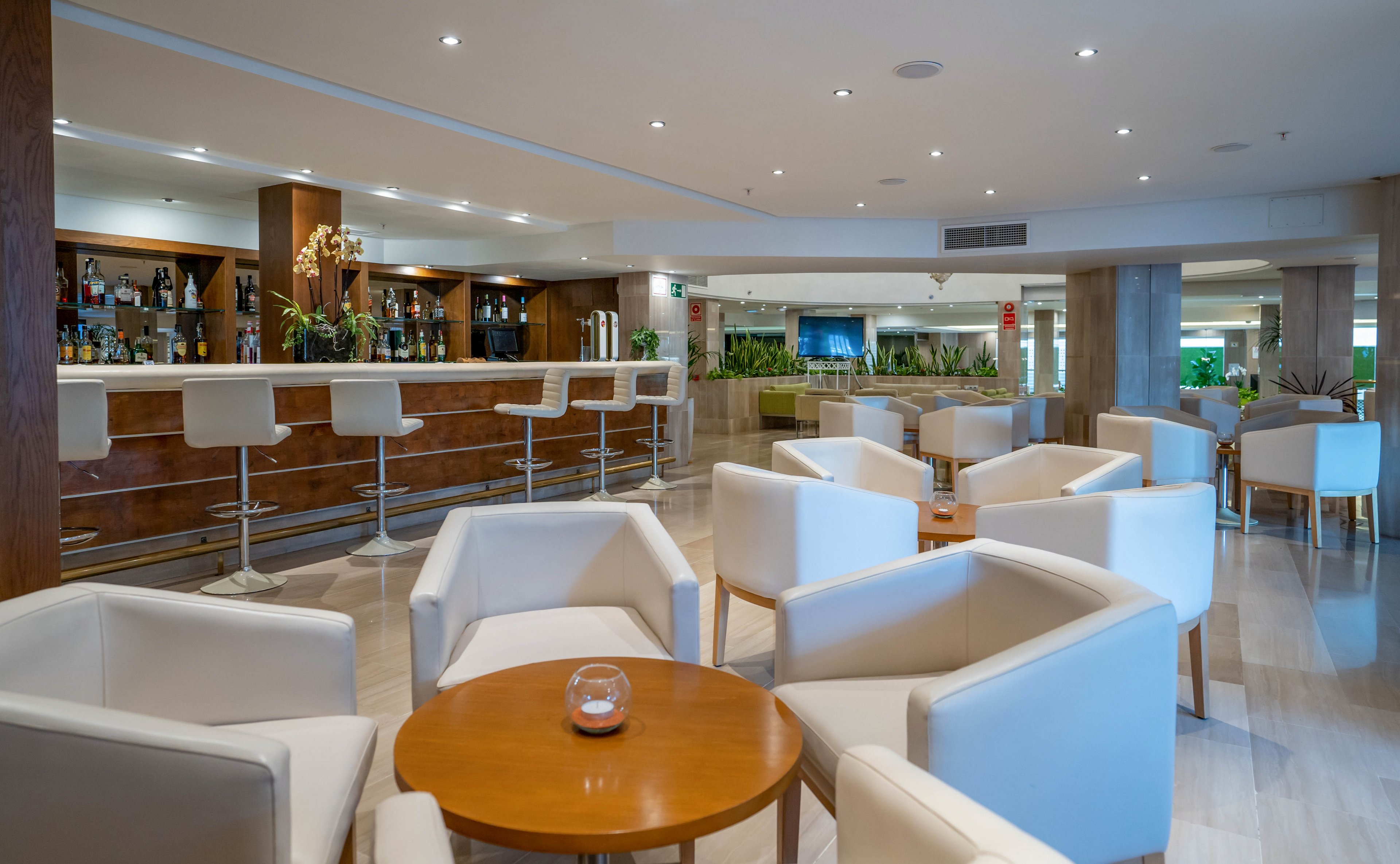A contemporary hotel lobby bar features a long wooden counter with high stools and a well-stocked back bar. White armchairs and small round tables create a comfortable lounge seating area in the foreground. Recessed ceiling lights and polished floors contribute to the bright, clean atmosphere. Green plants and decorative elements add warmth and a welcoming feel to the spacious interior.