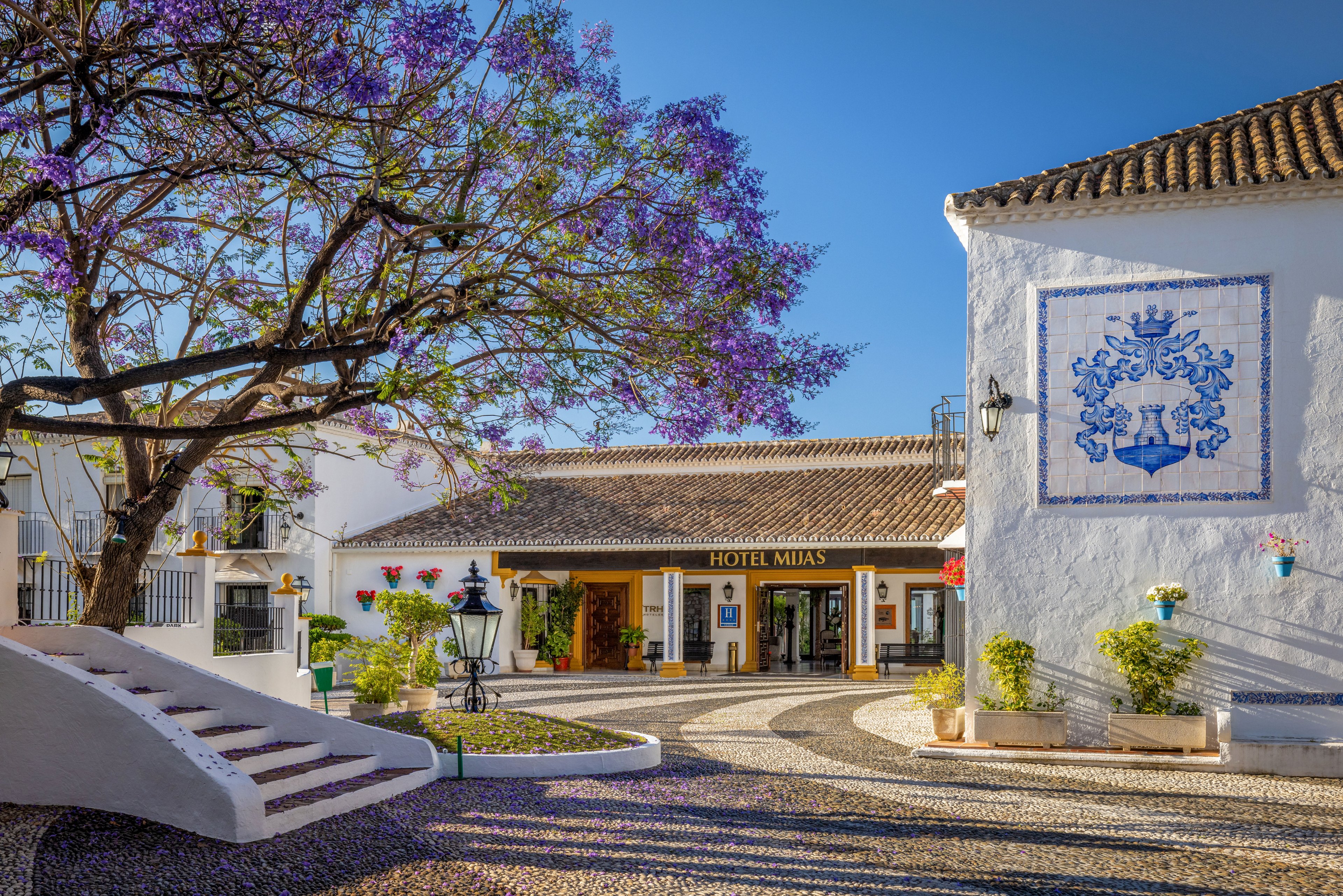 A charming Mediterranean-style courtyard leads to the entrance of Hotel Mijas. Whitewashed buildings with tiled roofs surround a pebble-stone pathway and central lantern. Colorful potted plants and flowers decorate the walls and steps, while a large blue ceramic crest adorns one facade. A blooming tree with purple blossoms adds vibrant color under the clear blue sky.