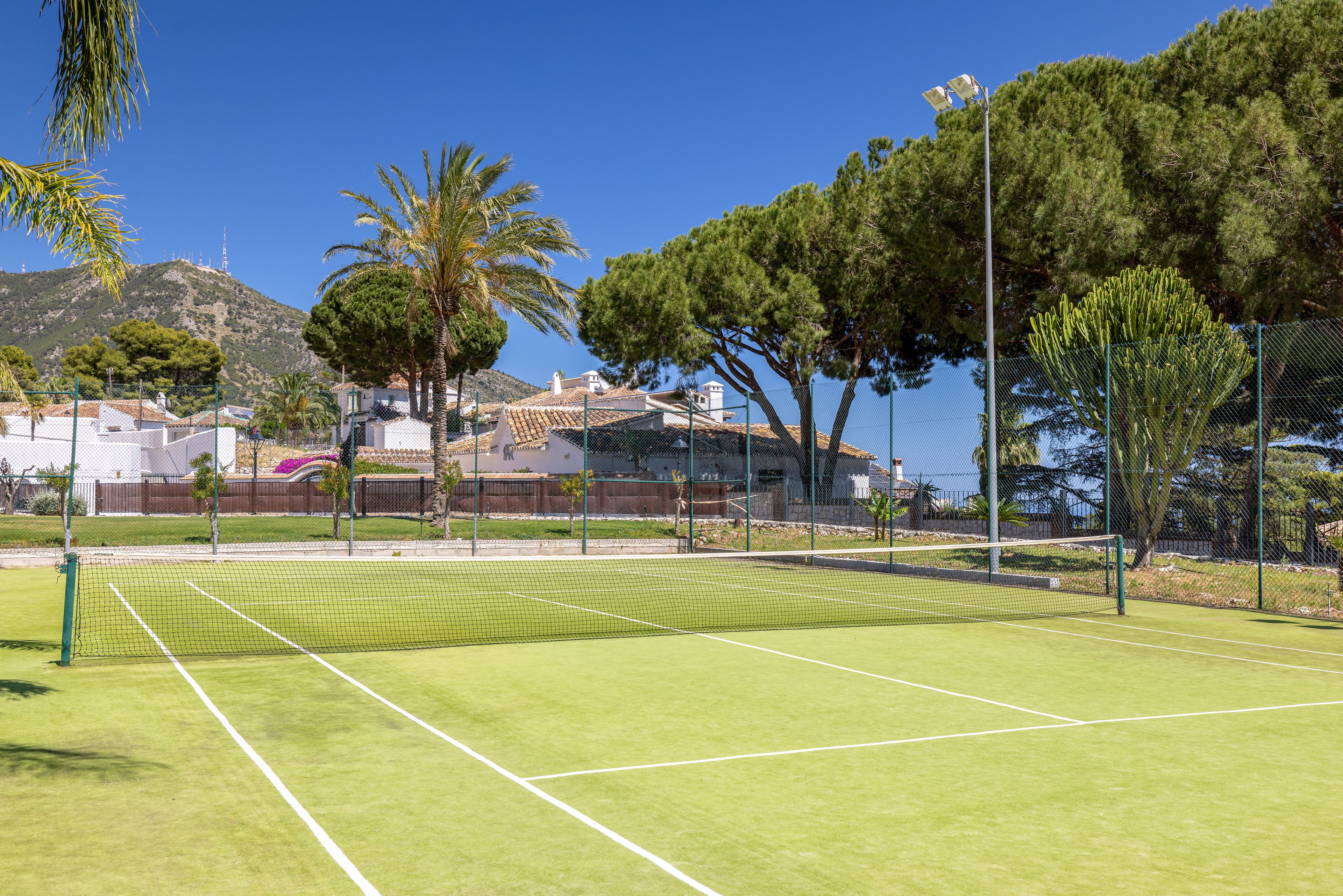 An empty green tennis court is shown under a clear blue sky on a bright sunny day. The court is surrounded by a tall chain-link fence and lush trees, including palm trees. In the background, hillside houses and a mountain rise above the court, creating a scenic residential setting. The overall scene feels calm, clean, and inviting for outdoor sports.