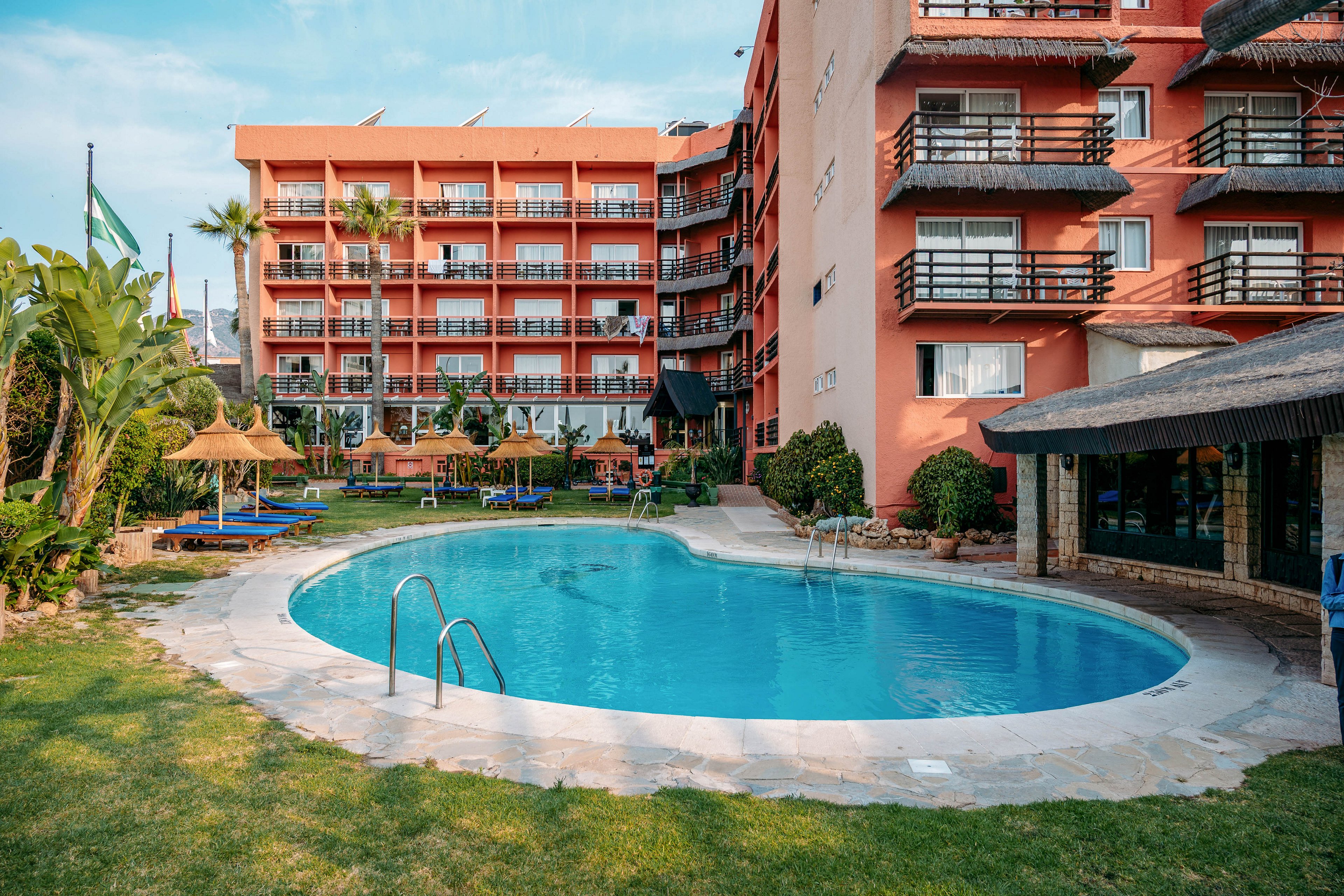 A curved outdoor swimming pool sits in front of a multi-story hotel building with balconies. Sun loungers and straw parasols line the poolside area, suggesting a relaxing vacation setting. Green grass, palm trees, and tropical plants surround the pool, adding a resort-like atmosphere. The scene is calm and sunny, with clear blue water reflecting the sky.