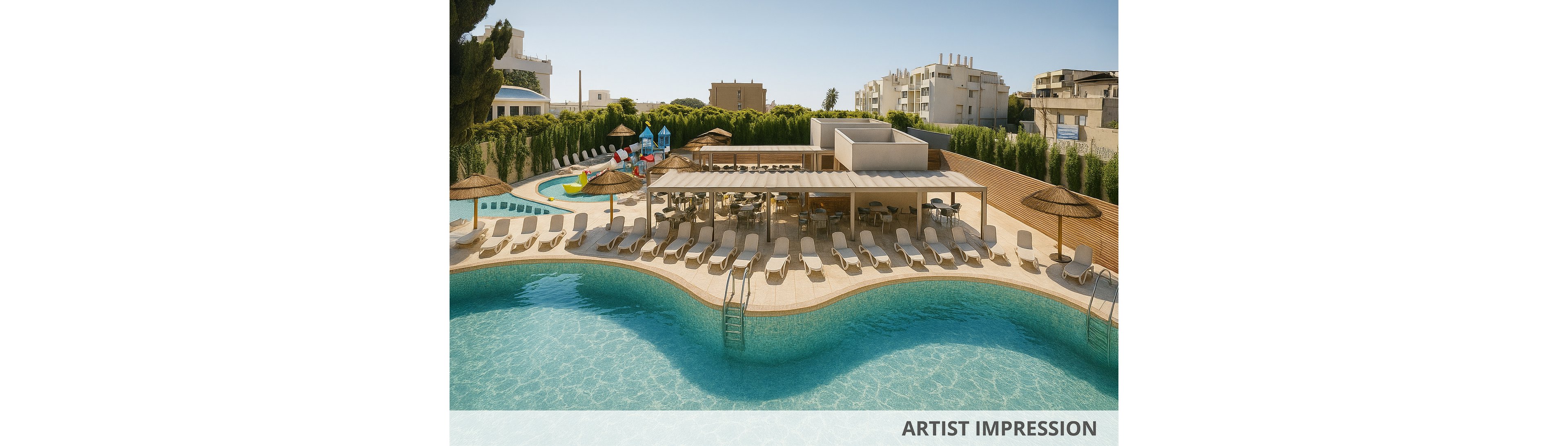 A large resort swimming pool curves around a sunlit terrace lined with numerous lounge chairs. A shaded pergola structure covers an outdoor seating or dining area beside the pool. In the background, a small children's water play area with slides and colorful structures is visible. Tall hedges and nearby buildings frame the scene under a clear blue sky, creating a relaxed vacation atmosphere.