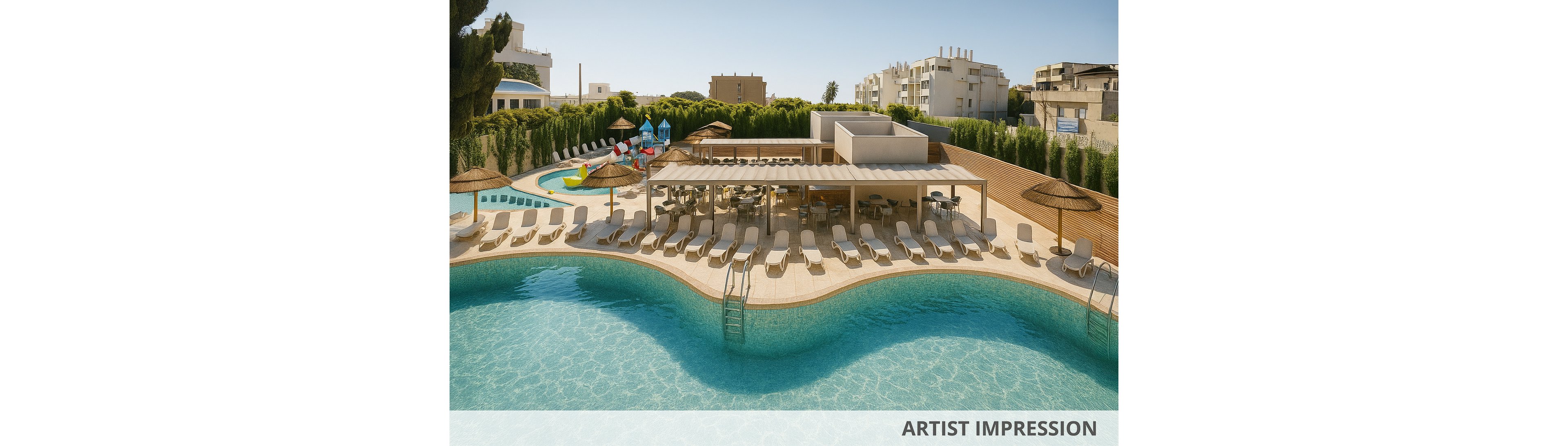 A large resort-style swimming pool curves around a sunlit terrace filled with empty lounge chairs. A shaded pergola structure covers an outdoor seating area in the center of the scene. In the background, a small children's water play area with slides and colorful structures is visible. Tall hedges and nearby buildings frame the pool, creating a private, relaxed vacation atmosphere under a clear blue sky.