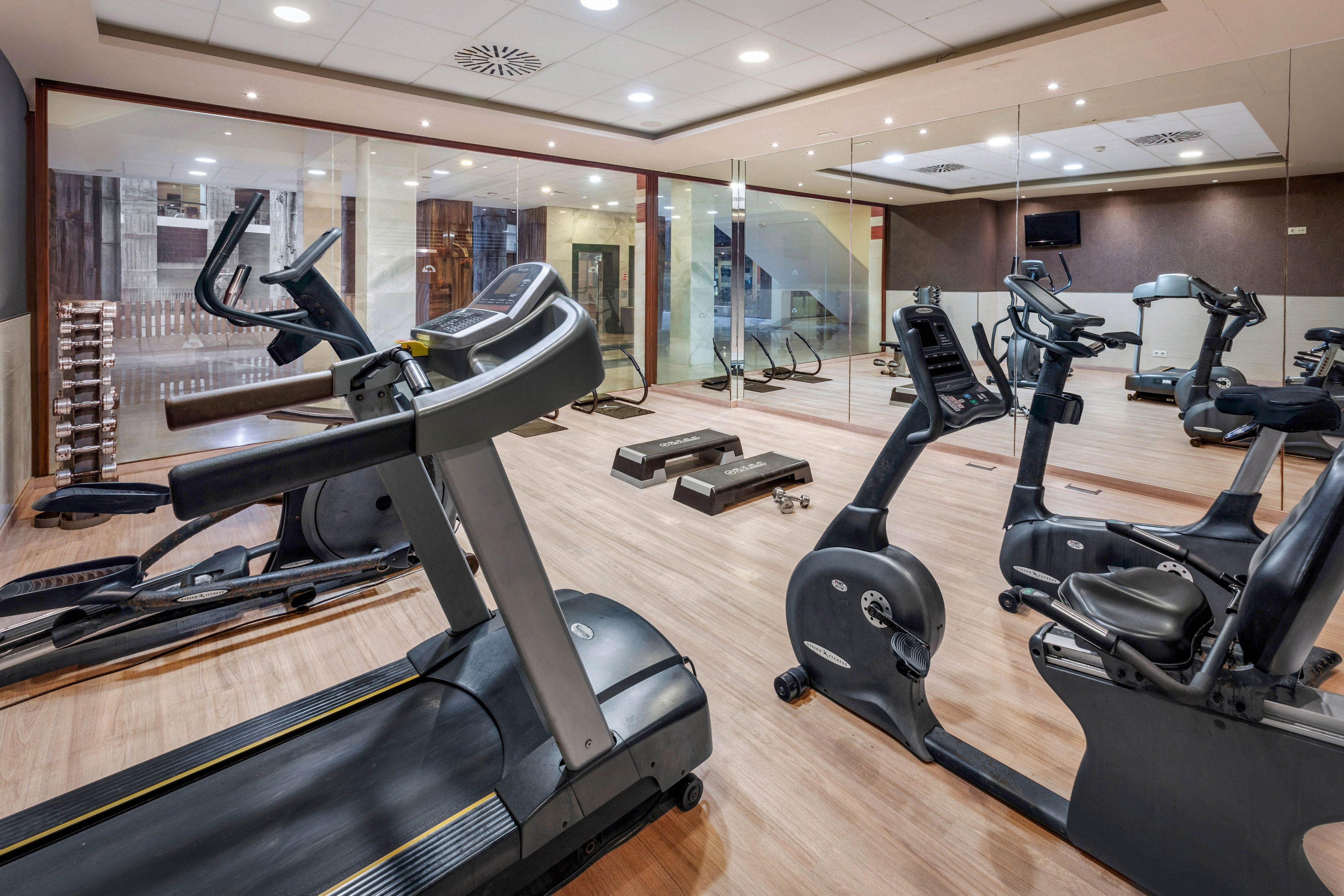 A contemporary indoor gym features several treadmills, stationary bikes, and other cardio machines arranged on a light wood floor. Large mirrors and glass walls make the space feel open and bright, with views into adjacent areas. Step platforms and free weights are visible in the background, suggesting options for strength and aerobic training. The room is clean, well-lit, and designed for guests seeking a convenient workout environment.