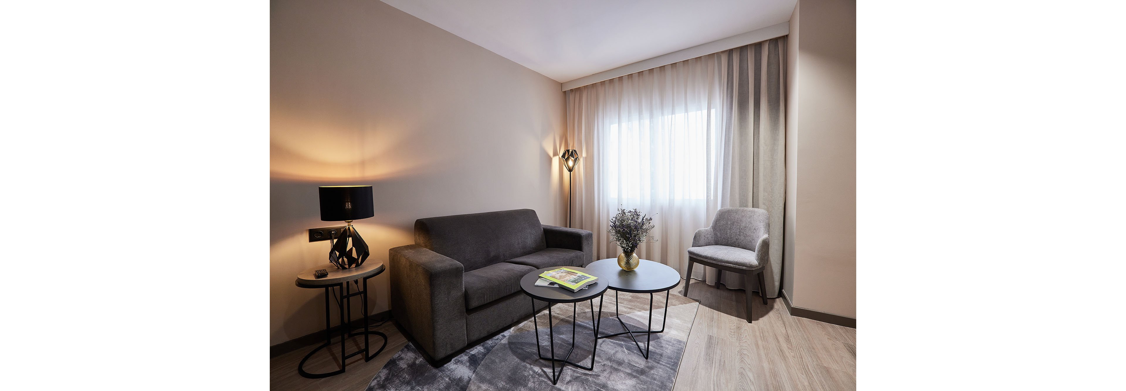 Contemporary living room interior featuring a dark gray sofa and matching armchair. The space is softly lit by a table lamp and a floor lamp near sheer curtains covering a bright window. Two round coffee tables sit on a patterned rug, one holding magazines and the other a vase with foliage. Neutral wall colors and wood flooring create a warm, inviting atmosphere.