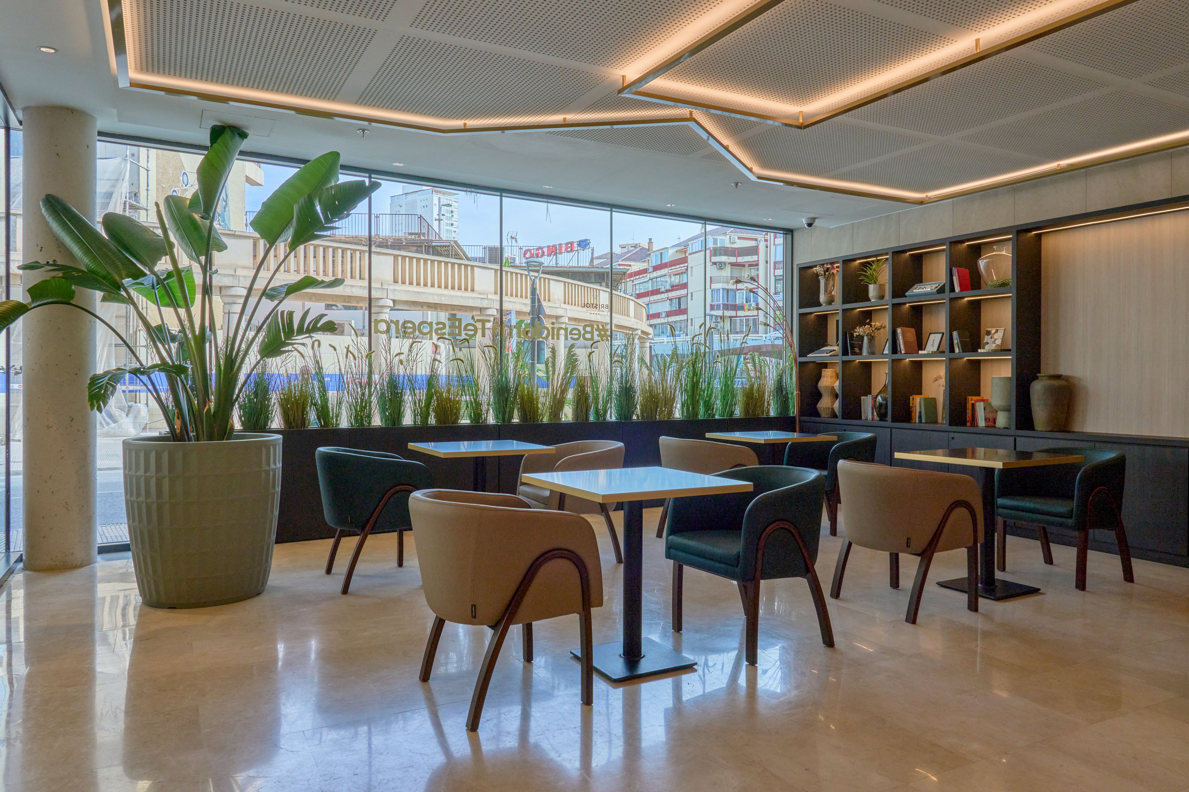Contemporary cafe interior featuring several small tables with upholstered chairs arranged on a polished floor. Large floor-to-ceiling windows reveal an urban streetscape and nearby buildings outside. Tall potted plants and a row of greenery line the window, adding a natural touch to the space. A built-in shelving unit with decorative objects and warm ceiling lighting creates a relaxed, stylish atmosphere.