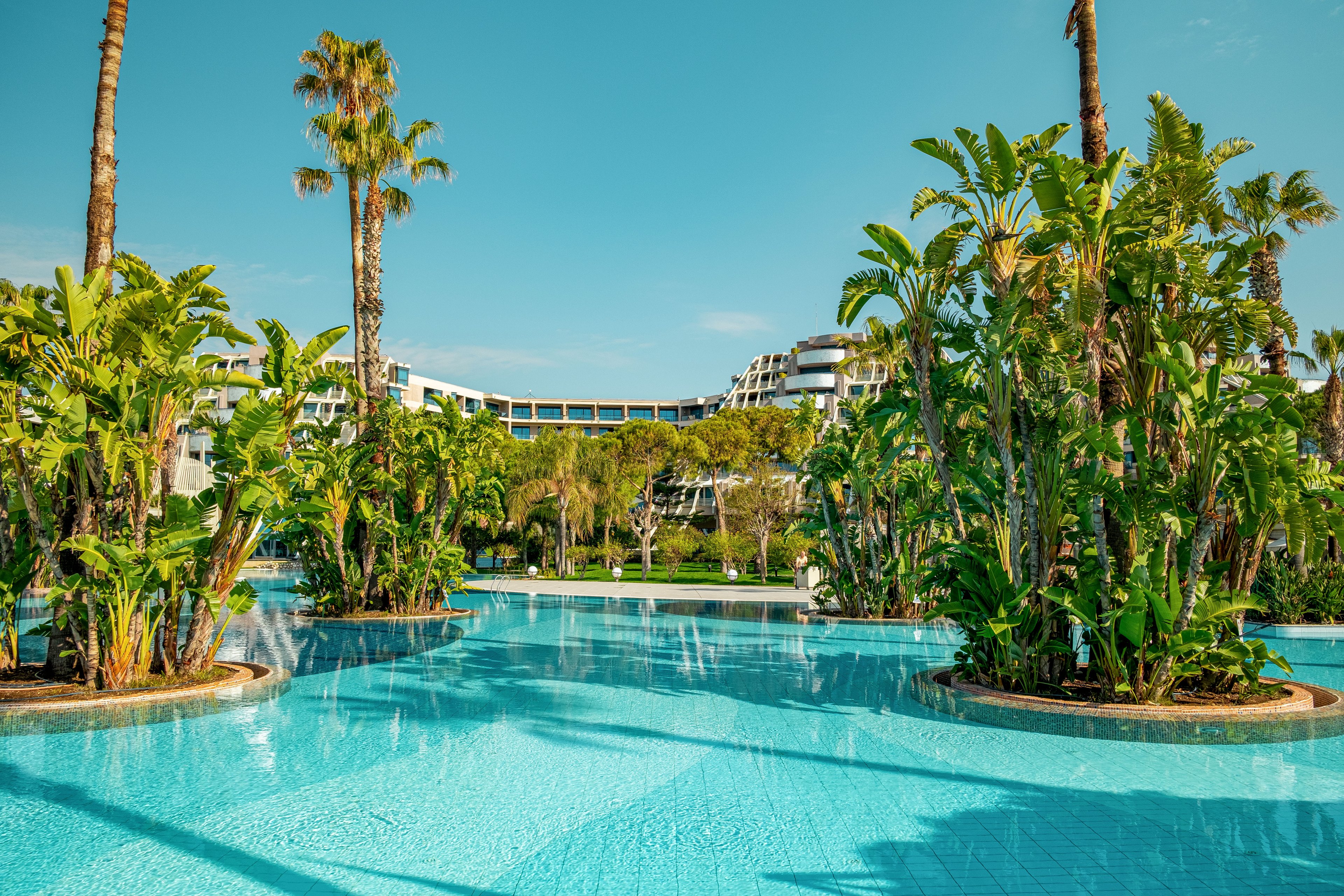A large turquoise swimming pool is surrounded by dense tropical greenery and tall palm trees. Gentle fountains spray water into the pool, creating a refreshing and tranquil atmosphere. In the background, a modern resort building curves along the horizon under a clear blue sky. The scene evokes a luxurious vacation setting with bright sunlight and vibrant colors.