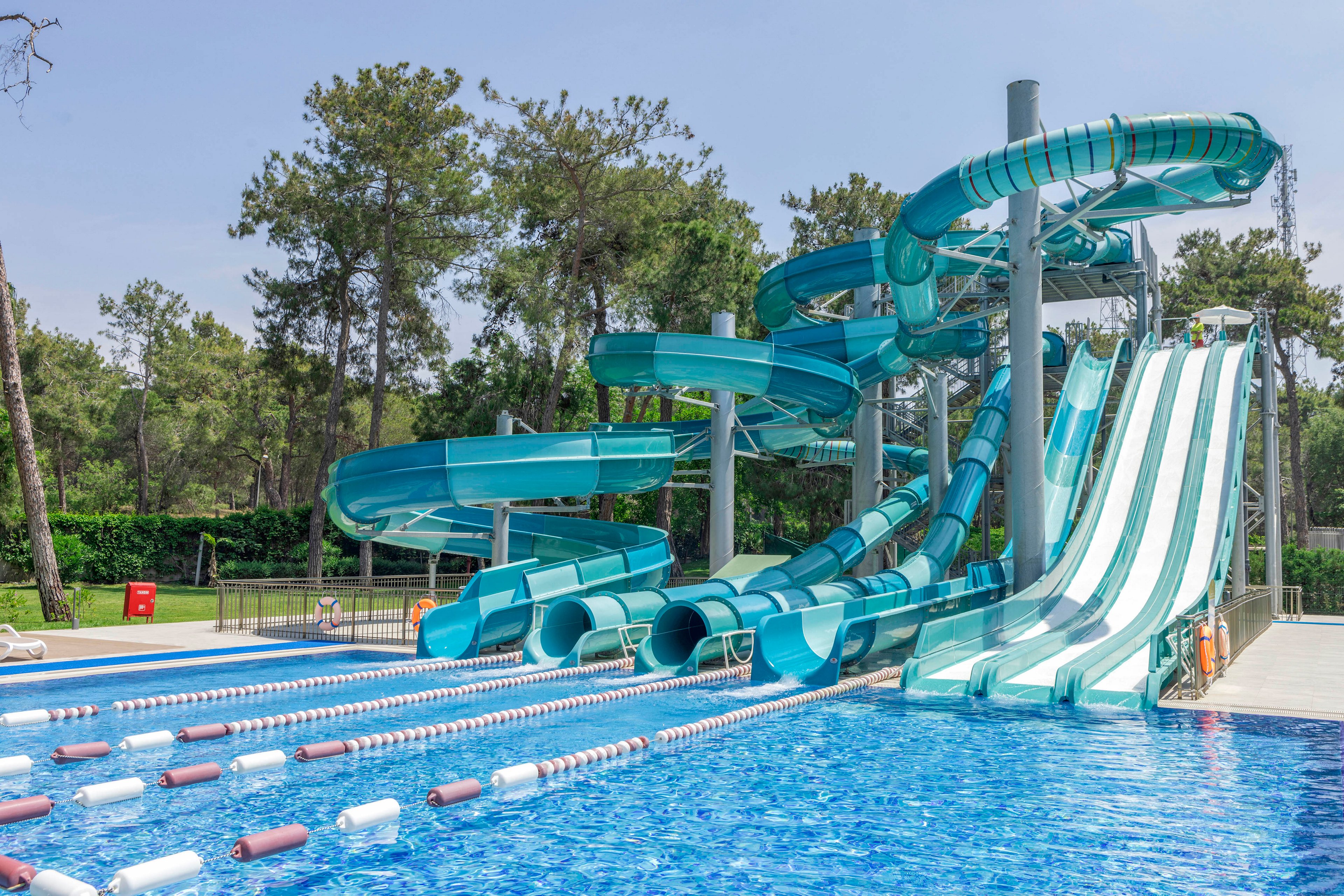 A large set of turquoise and white water slides towers over an outdoor swimming pool. Multiple twisting tubes and straight slides end at the pool edge, with lane dividers floating on the water. The scene is quiet and empty, suggesting early morning or off-peak hours. Tall trees and green hedges surround the water park, creating a relaxed, natural backdrop under a clear sky.