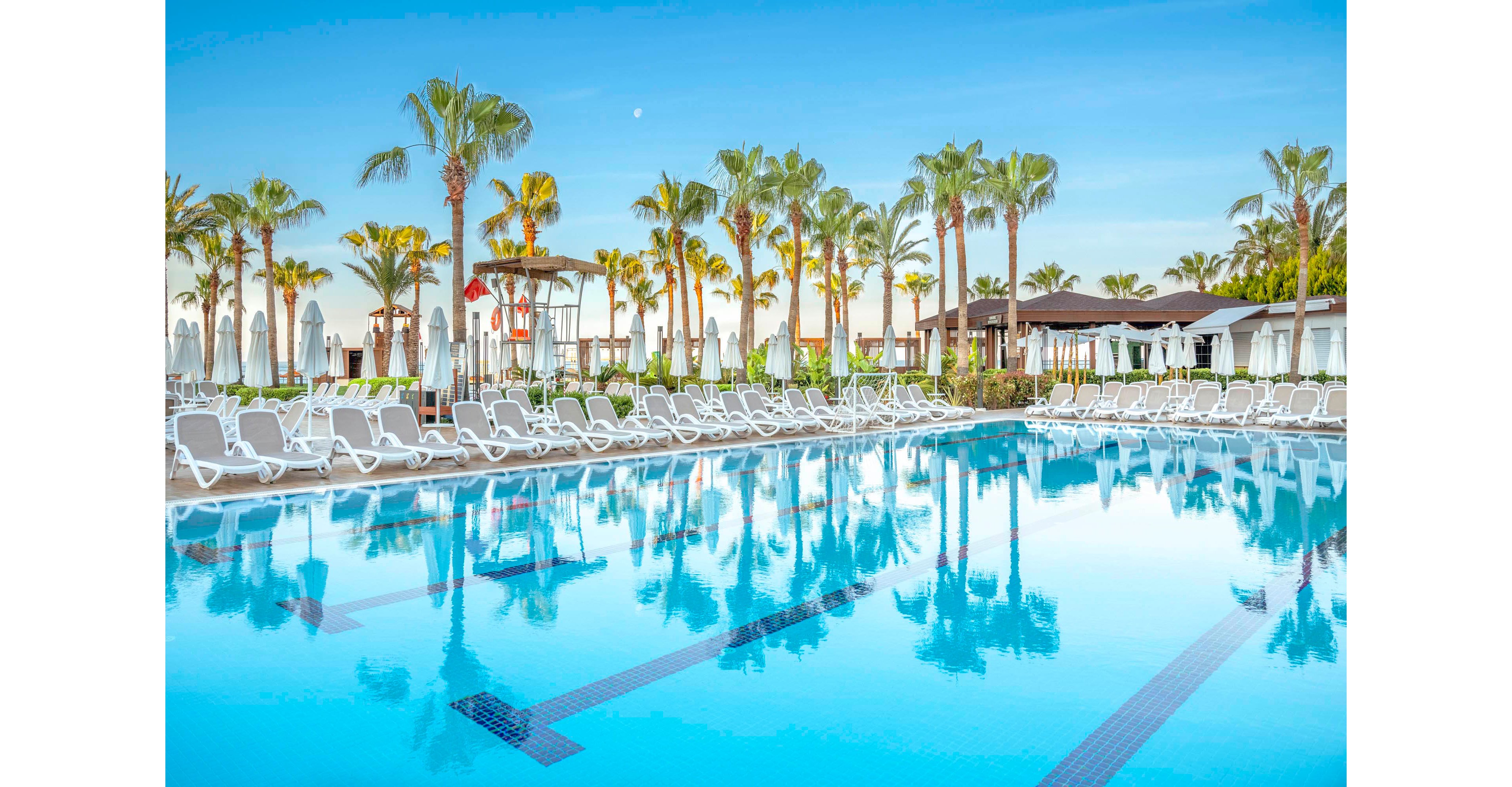 A large outdoor swimming pool is surrounded by rows of white lounge chairs and tall palm trees. The setting is a modern resort with clear blue skies and tranquil water reflecting the scenery. The mood is relaxed and inviting, with a tropical palette and clean architectural lines.