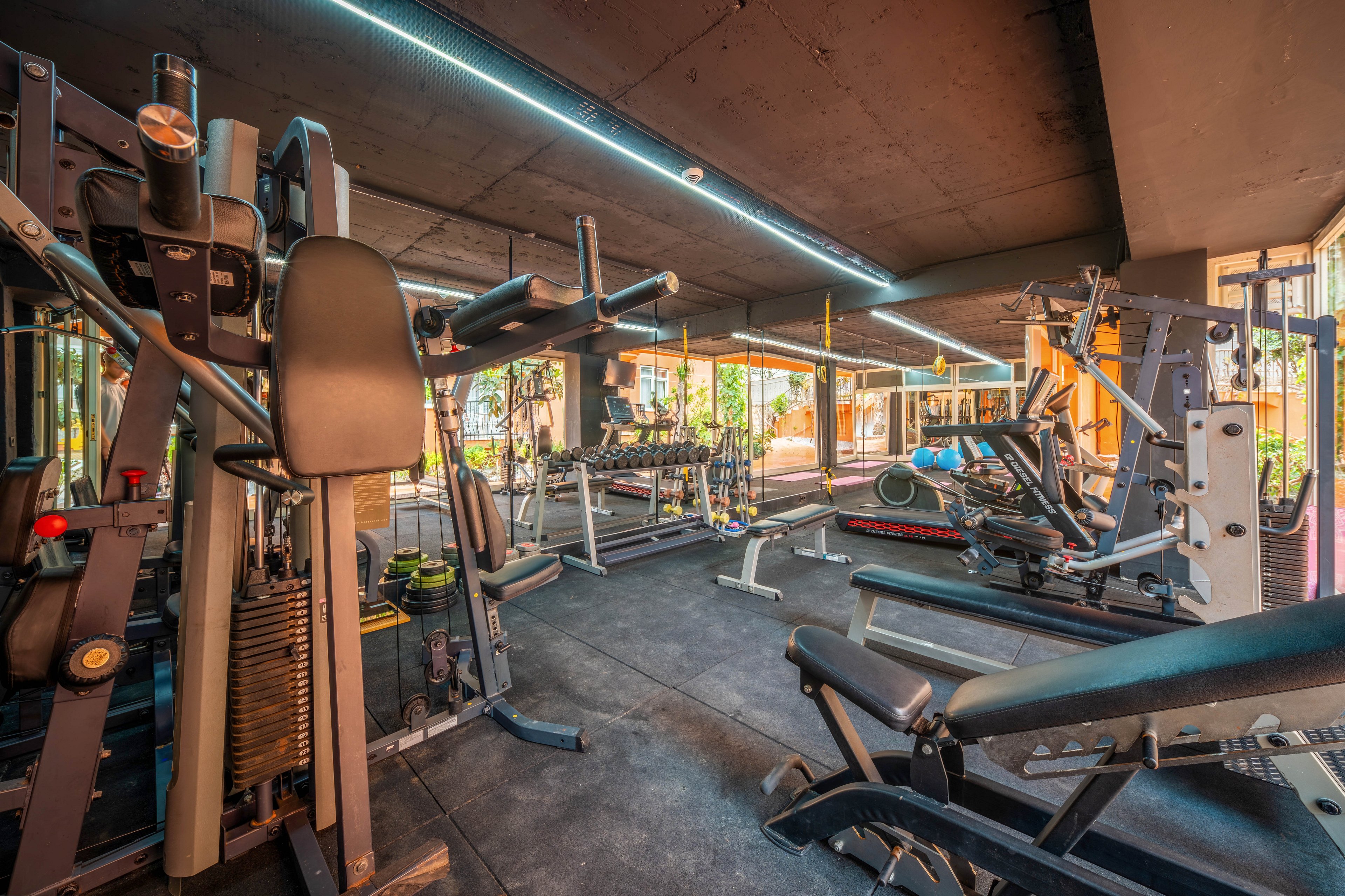 A spacious indoor gym is filled with various strength training machines and weight benches. The setting features large windows that let in natural light and offer views of greenery outside. The concrete ceiling and bright linear lighting give the space a contemporary, industrial feel. No people are present, emphasizing the equipment and workout environment.