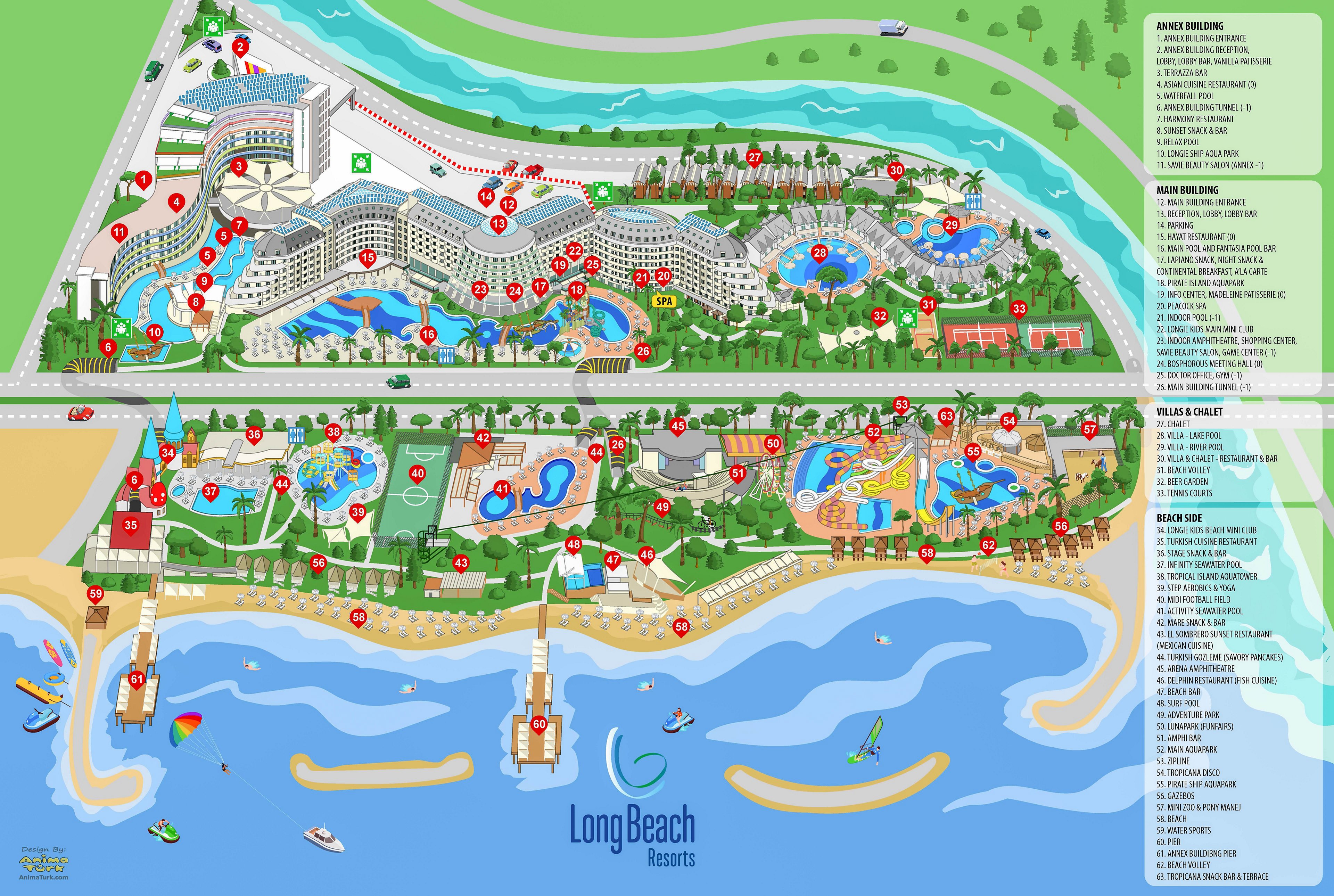 Colorful illustrated resort map labeled Long Beach Resorts shows an expansive beachfront property with multiple hotel buildings, pools, and landscaped gardens. The layout highlights various amenities including water slides, restaurants, sports areas, and children’s zones arranged between the main road and the sea. A sandy beach with piers, sun loungers, and water sports equipment stretches along the shoreline at the bottom of the map. Numbered icons correspond to detailed legends on the right side, listing facilities in sections such as Long Beach Resort, Villa Concept, and Beach Area.