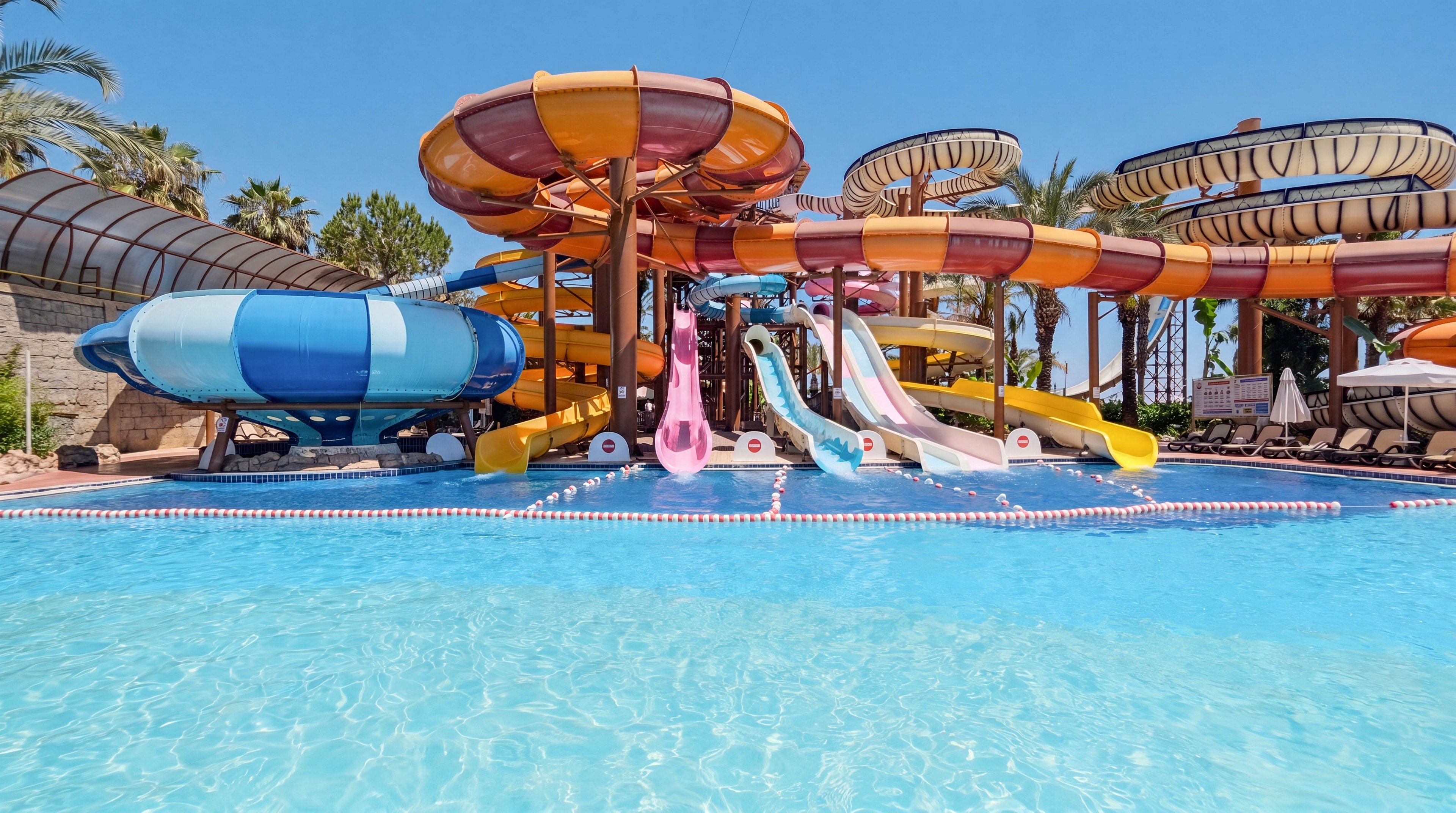 A vibrant water park features multiple colorful slides emptying into a clear blue swimming pool. Large tube and open slides in blue, orange, yellow, and pink dominate the scene under a bright sunny sky. Palm trees and resort structures frame the background, suggesting a warm vacation destination. The calm water in the foreground contrasts with the dynamic shapes and colors of the slides, creating a playful and inviting atmosphere.
