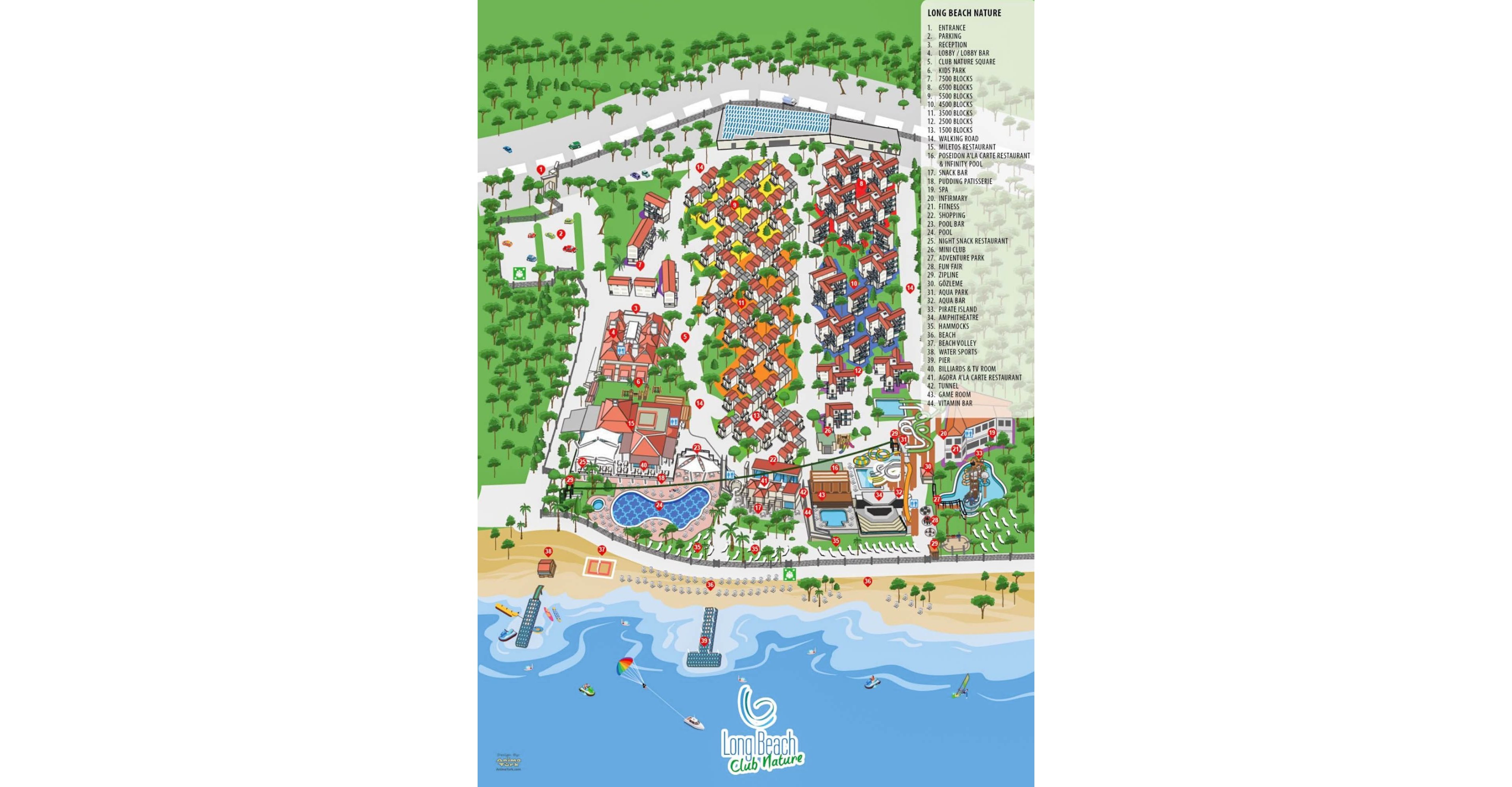 Colorful illustrated map of the Long Beach Club Nature resort shows buildings, pools, and landscaped areas arranged between a forested boundary and a sandy beachfront. The map includes numbered points of interest with a legend listing facilities such as restaurants, pools, and activity areas. At the bottom, the shoreline features piers, boats, and water sports icons along the blue sea. The Long Beach Club Nature name and stylized emblem appear prominently near the beach area.
