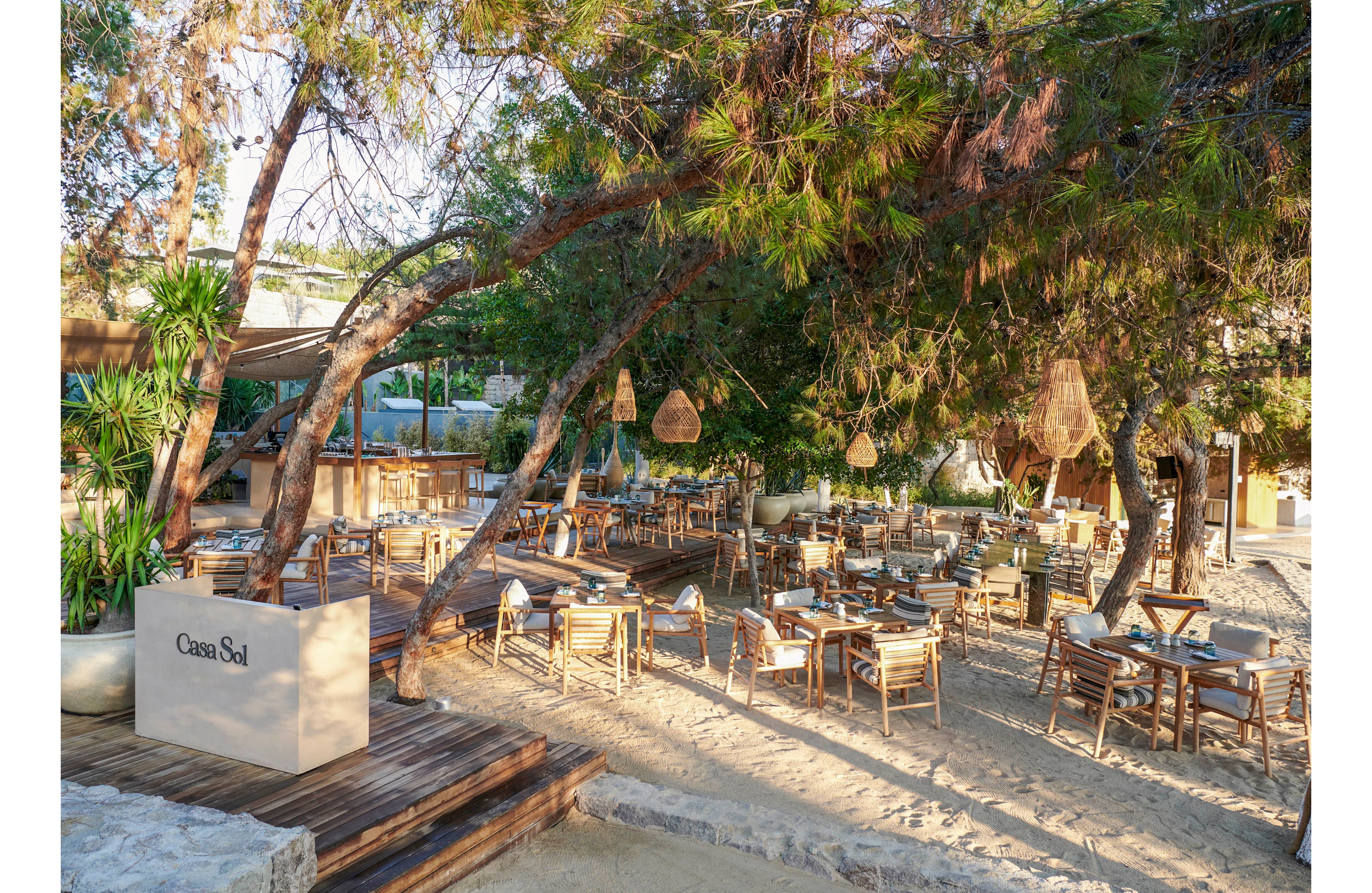 An open-air restaurant terrace is set on a sandy beachfront beneath tall, leafy trees. Wooden tables and chairs are neatly arranged on wooden decks and sand, ready for guests. Woven pendant lights hang from the branches, adding a warm, rustic touch to the scene. A sign reading "Casa Sol" stands near the entrance, indicating the venue name in this tranquil coastal setting.