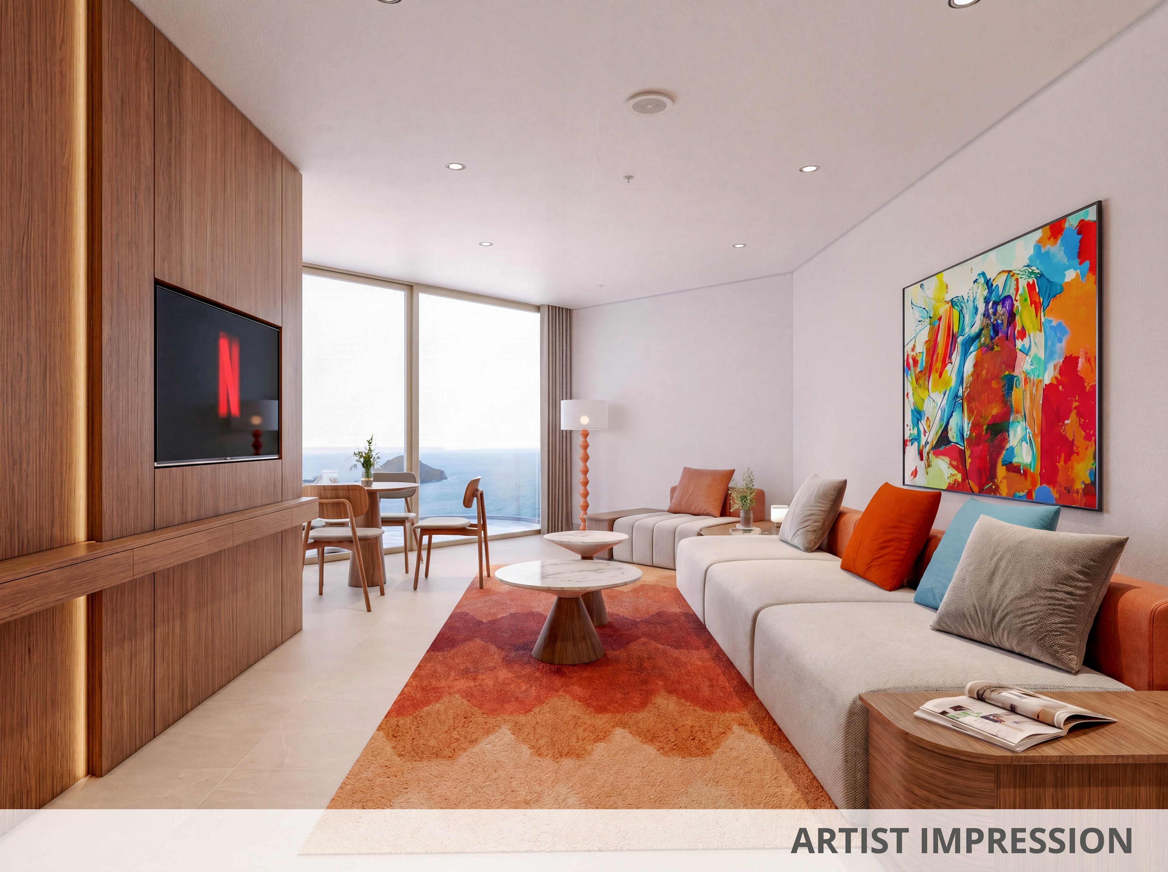 Contemporary living room interior with a large sectional sofa and colorful cushions faces a wall-mounted television displaying the Netflix interface. Floor-to-ceiling windows reveal an expansive ocean view, while a dining table and chairs sit near the glass. A vibrant abstract painting and a warm patterned rug add bold color to the neutral space. The text "ARTIST IMPRESSION" appears along the bottom edge, indicating a conceptual visualization.